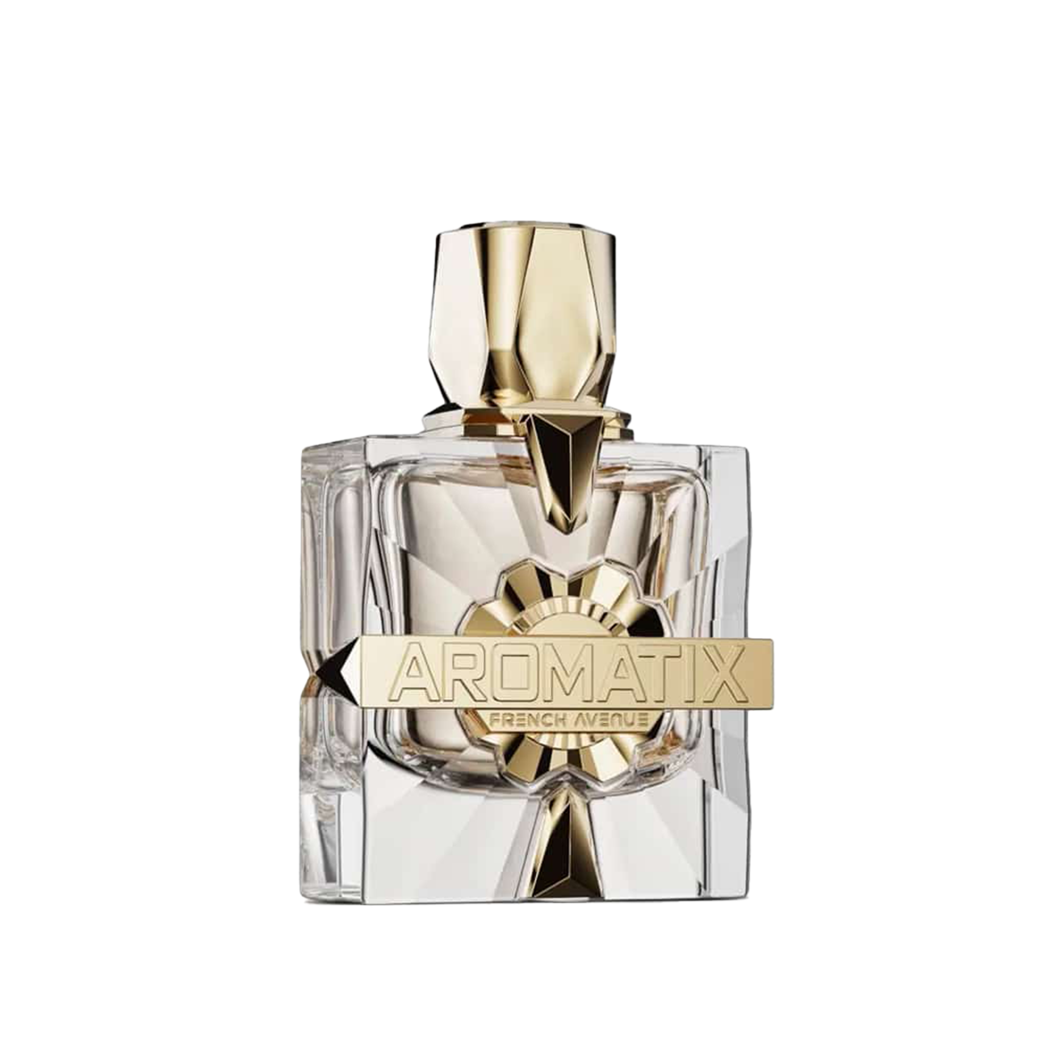 Faceted clear glass perfume bottle with starburst design and gold cap, featuring Aromatix French Avenue engraved plaque.