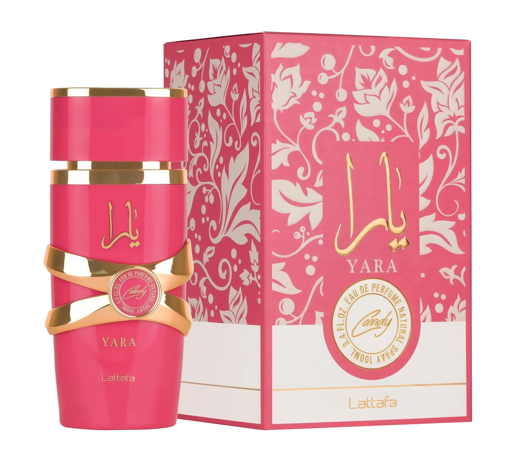 A pink cylindrical perfume bottle with gold accents and the Arabic name “Yara” in gold lettering, displayed alongside its matching pink box adorned with floral patterns and the Lattafa branding.