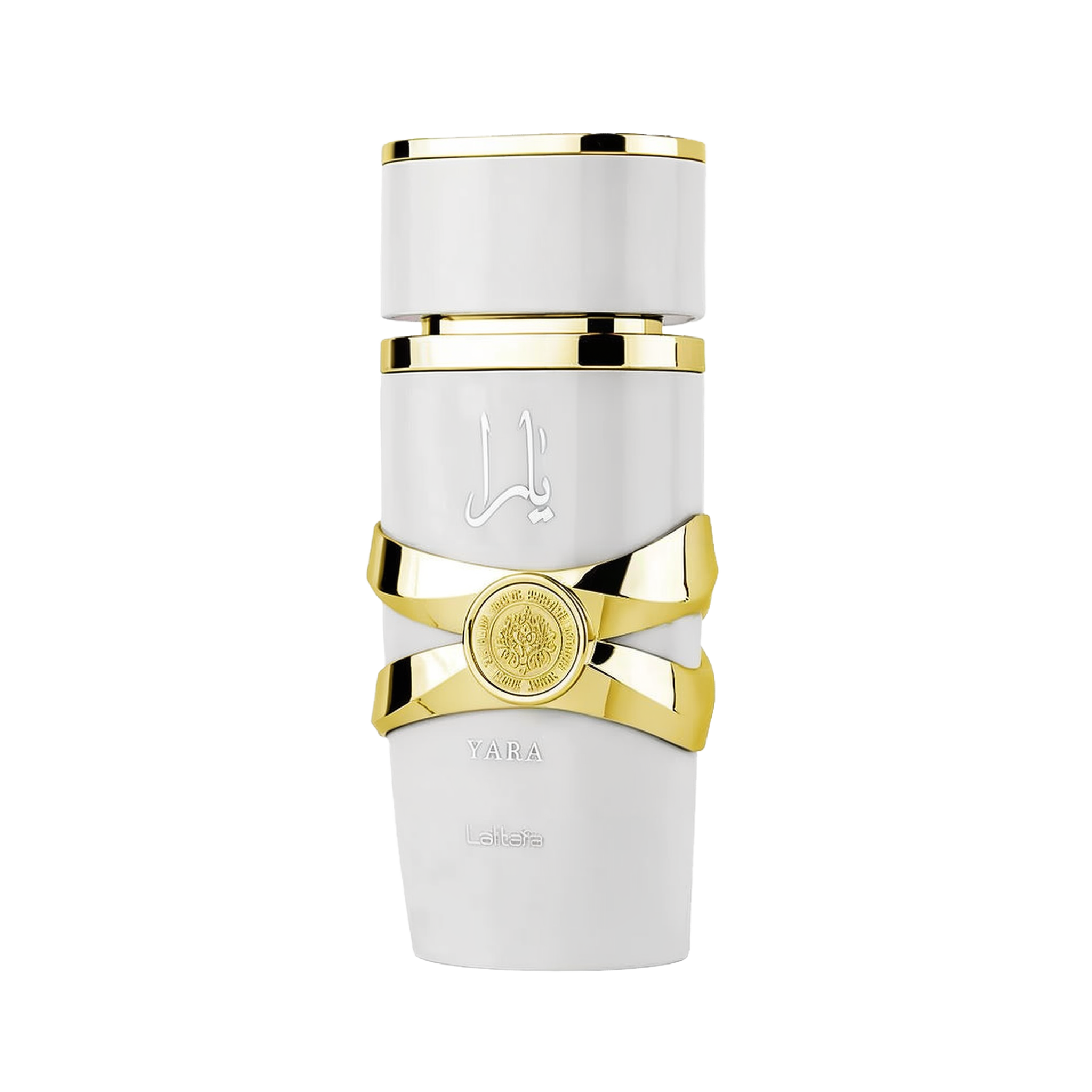 This image displays a cylindrical perfume bottle for "YARA" by Lattafa. The bottle has a matte white finish with glossy white caps at both ends. It features a striking gold band in the middle, styled to have a ribbon-like appearance, and a round gold embl