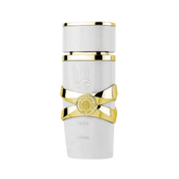 This image displays a cylindrical perfume bottle for "YARA" by Lattafa. The bottle has a matte white finish with glossy white caps at both ends. It features a striking gold band in the middle, styled to have a ribbon-like appearance, and a round gold embl