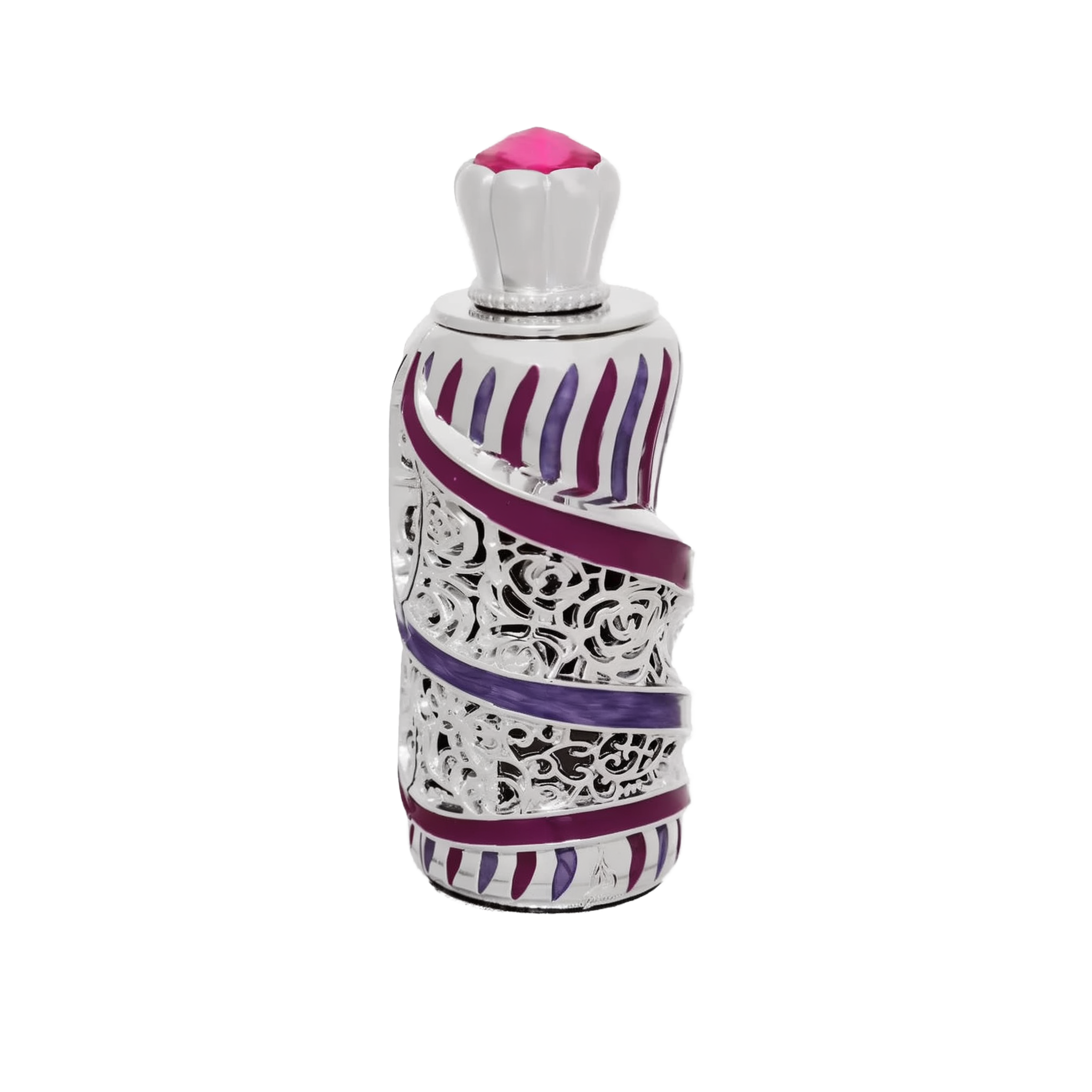 A decorative perfume bottle with a silver and purple design. The bottle features intricate silver filigree patterns and purple enamel stripes. The top of the bottle is adorned with a silver crown-like cap and a pink crystal embellishment.