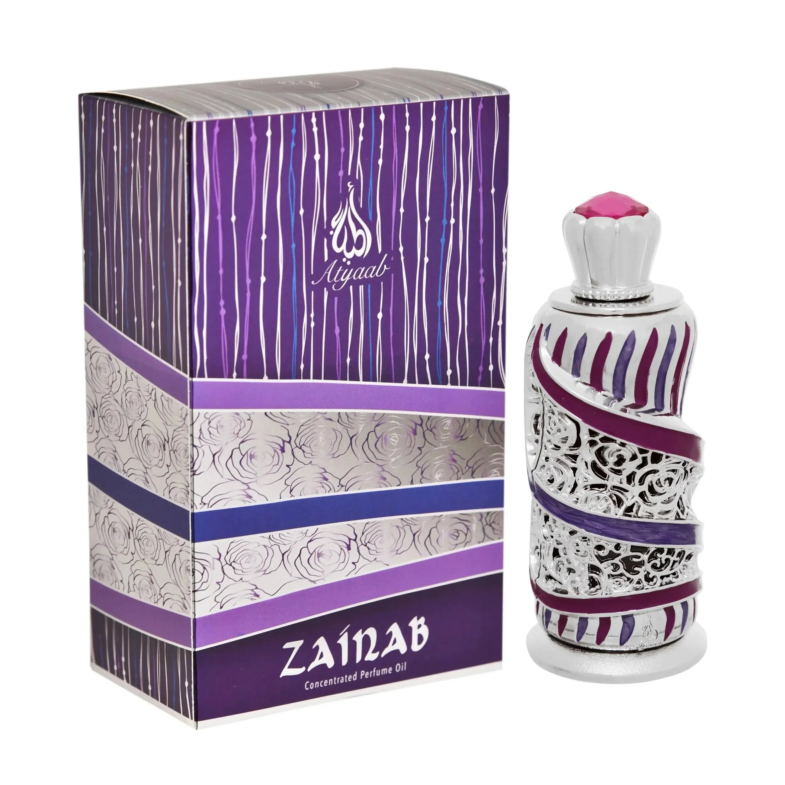 A decorative perfume bottle next to its packaging box. The bottle has a silver and purple design with silver filigree and purple enamel stripes, topped with a silver crown-like cap and a pink crystal. The box features a matching purple and white color sch
