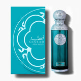 Gissah Siena Valley turquoise perfume bottle with silver cap beside matching teal box on white.
