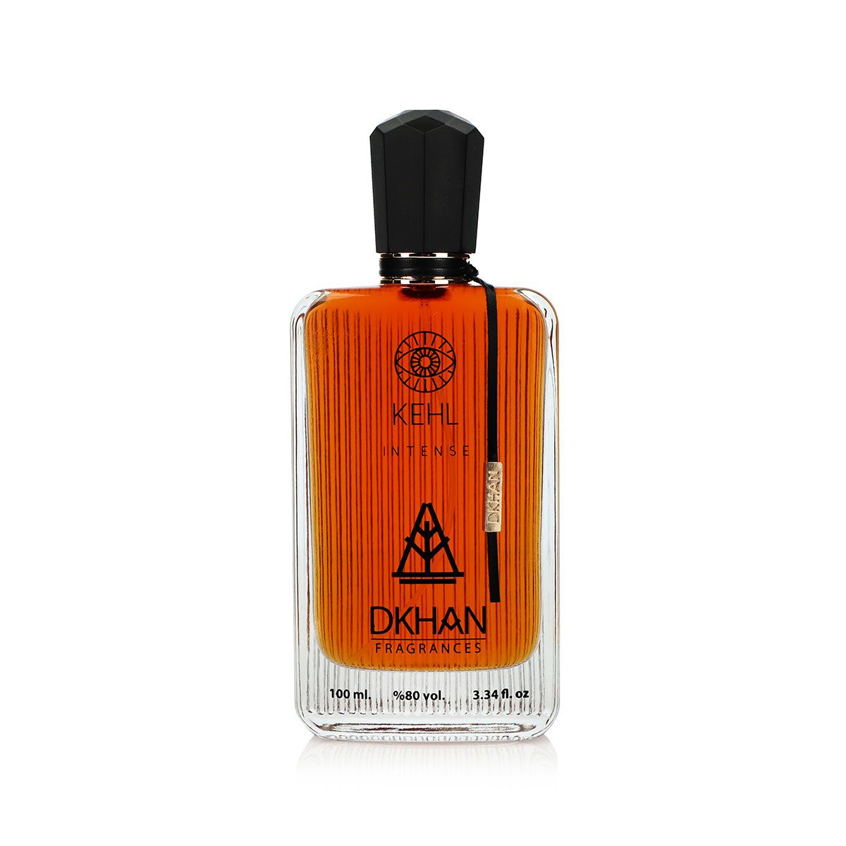 The image shows a rectangular glass perfume bottle with a black cap, filled with an orange-colored liquid. The bottle has several labels: the top one includes a circular logo with the text "KEHL" and a smaller text below it reads "INTENSE". In the center, there's a large stylized emblem with the text "DKHAN FRAGRANCES" beneath it.