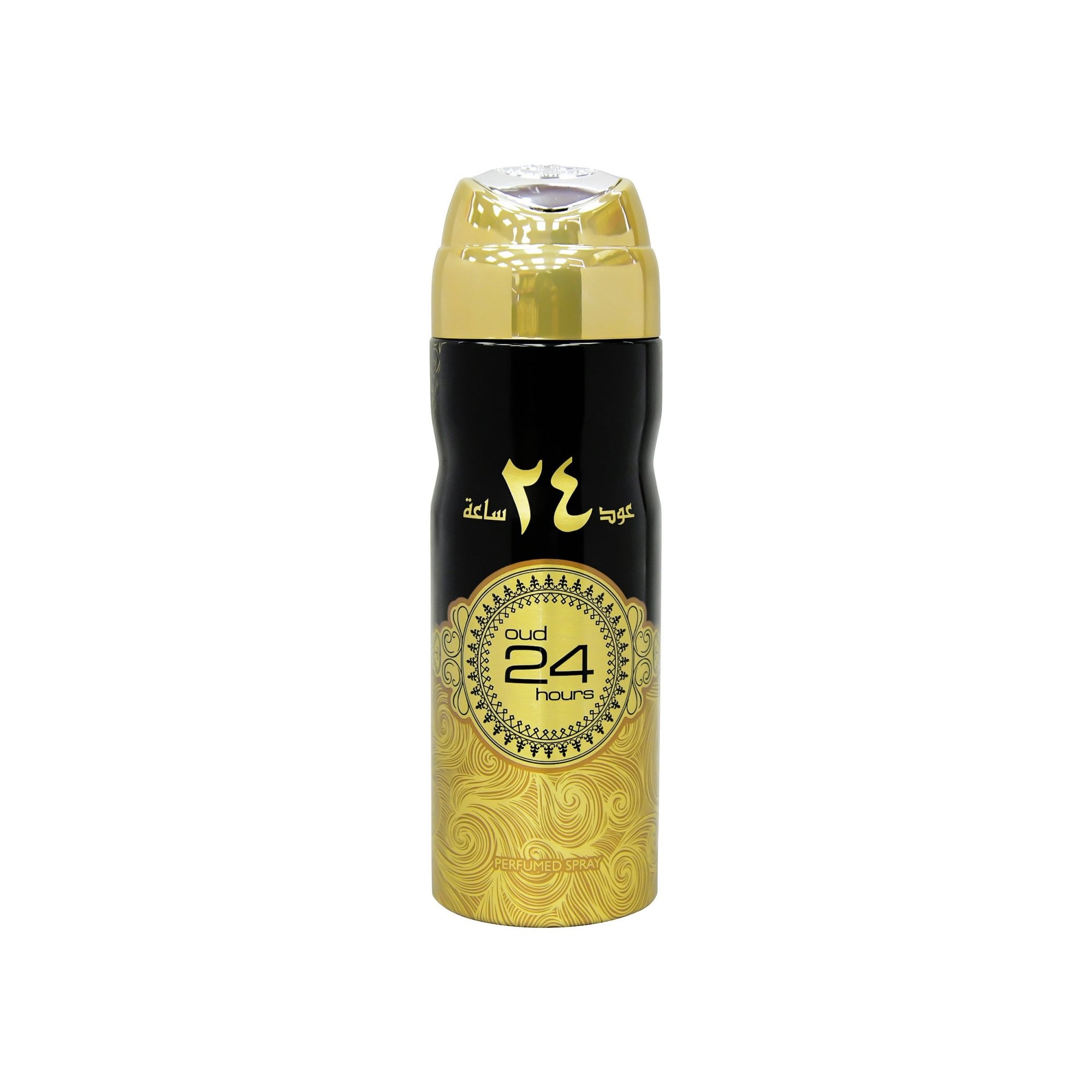 The image displays a bottle of "oud 24 hours" perfumed deodorant spray. The bottle is primarily black with a gold cap and a decorative gold label that wraps around the lower portion. The label has intricate, circular golden patterns and the product name "oud 24 hours" prominently displayed in the center within a decorative border. Below the name, in smaller letters, are the words "GOLD SPRAY PERFUMED SPRAY."