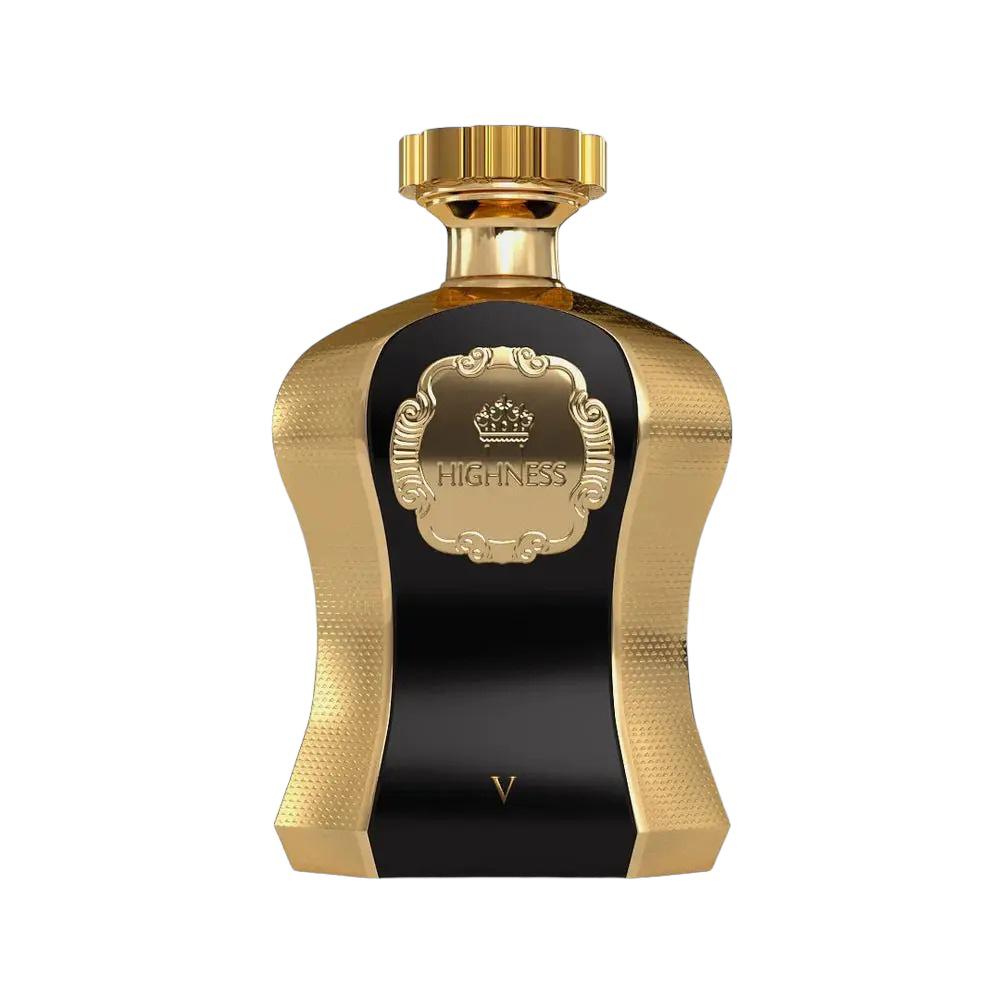 A photo of the Highness V Black EDP 100ml perfume bottle, featuring a striking contrast of polished gold and deep black. The central black panel is framed by a textured gold surface with a luxuriously designed crest bearing the name 'HIGHNESS' above and the Roman numeral 'V' below. The cap is a smooth gold that complements the elegance of the bottle design, suggesting a scent of regal and sophisticated character.