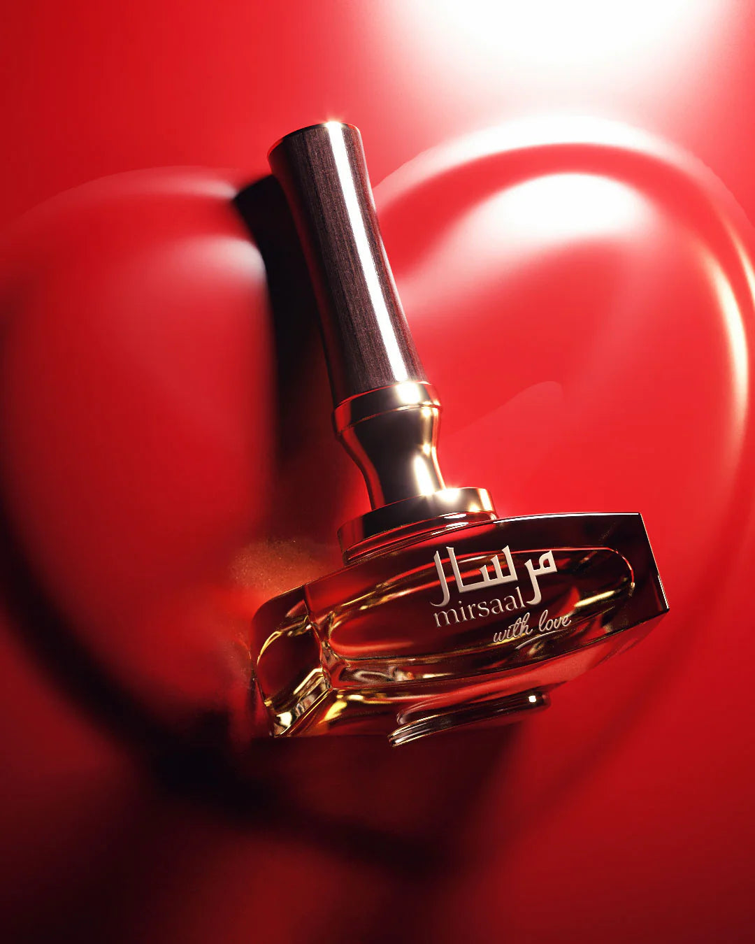 The image displays a perfume bottle named "Mirsaal with love" by Afnan Perfumes, set against a vivid red background with a heart-shaped light reflection, emphasizing the romantic theme of the product. The bottle has a clear, angular design with a golden neck and a wooden-textured cap, placed to capture the light in a way that enhances its luxurious features. The romantic and warm ambiance of the image suggests an intimate and loving scent, aligning with the product's name and presentation.
