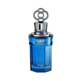 The image displays a deep blue perfume bottle with a clear-to-blue gradient and a metallic silver cap adorned with an ornamental loop design. The bottle features the word "خفايا" in Arabic script and "KHAFAYA" in Latin letters in silver just below the cap, and the word "zimaya" in lowercase letters at the bottom. The bold blue color gives a vibrant and luxurious feel, while the silver accents add a touch of elegance.