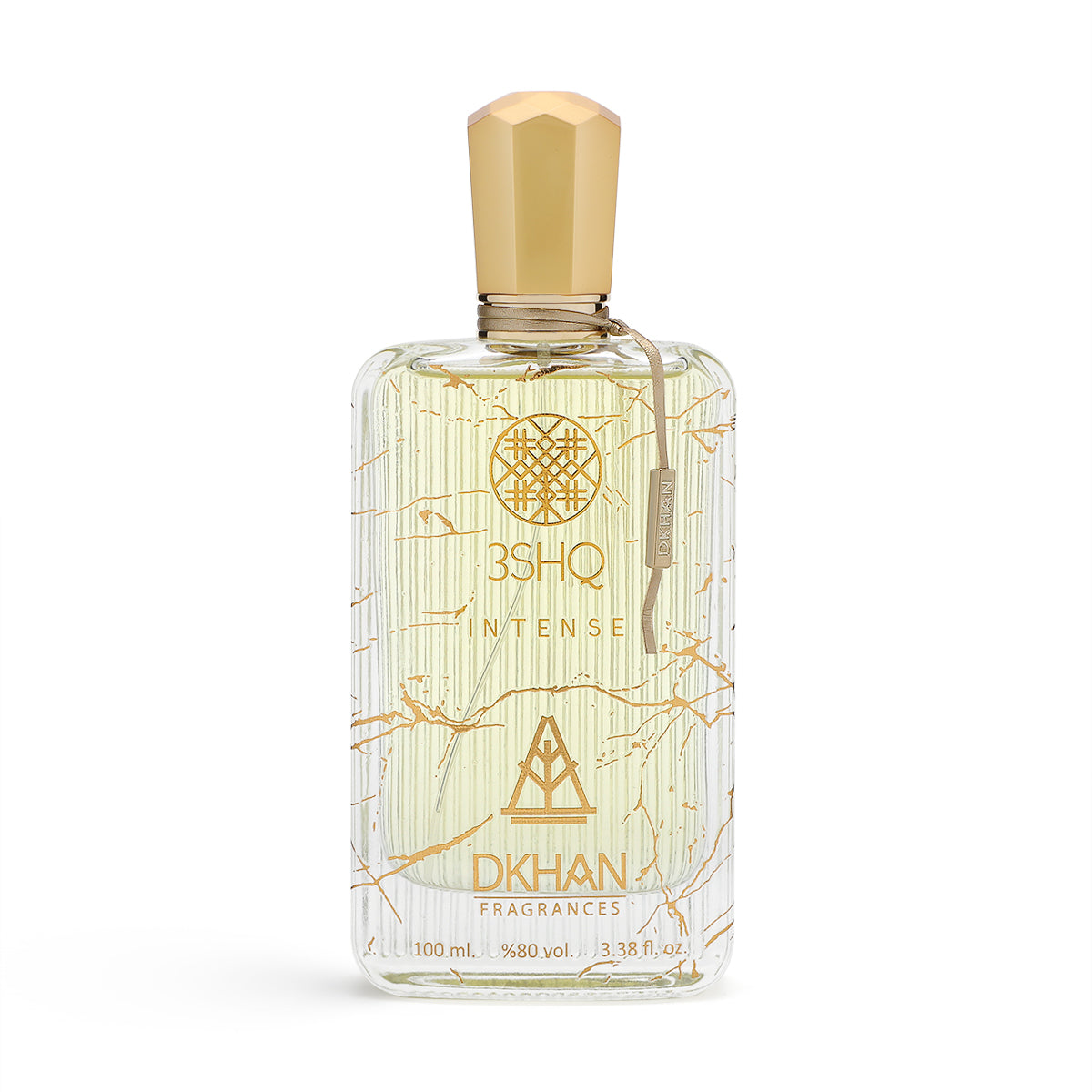 The image displays an elegant, clear glass perfume bottle adorned with artistic golden lines and splashes against a soft, off-white backdrop. The bottle is labeled "3SHQ INTENSE" in a refined font, with the "DKHAN FRAGRANCES" emblem prominently featured beneath it. A gold-colored cap sits atop the bottle, complementing the golden accents. The fragrance liquid has a light, amber tint, suggesting a sense of warmth and richness.