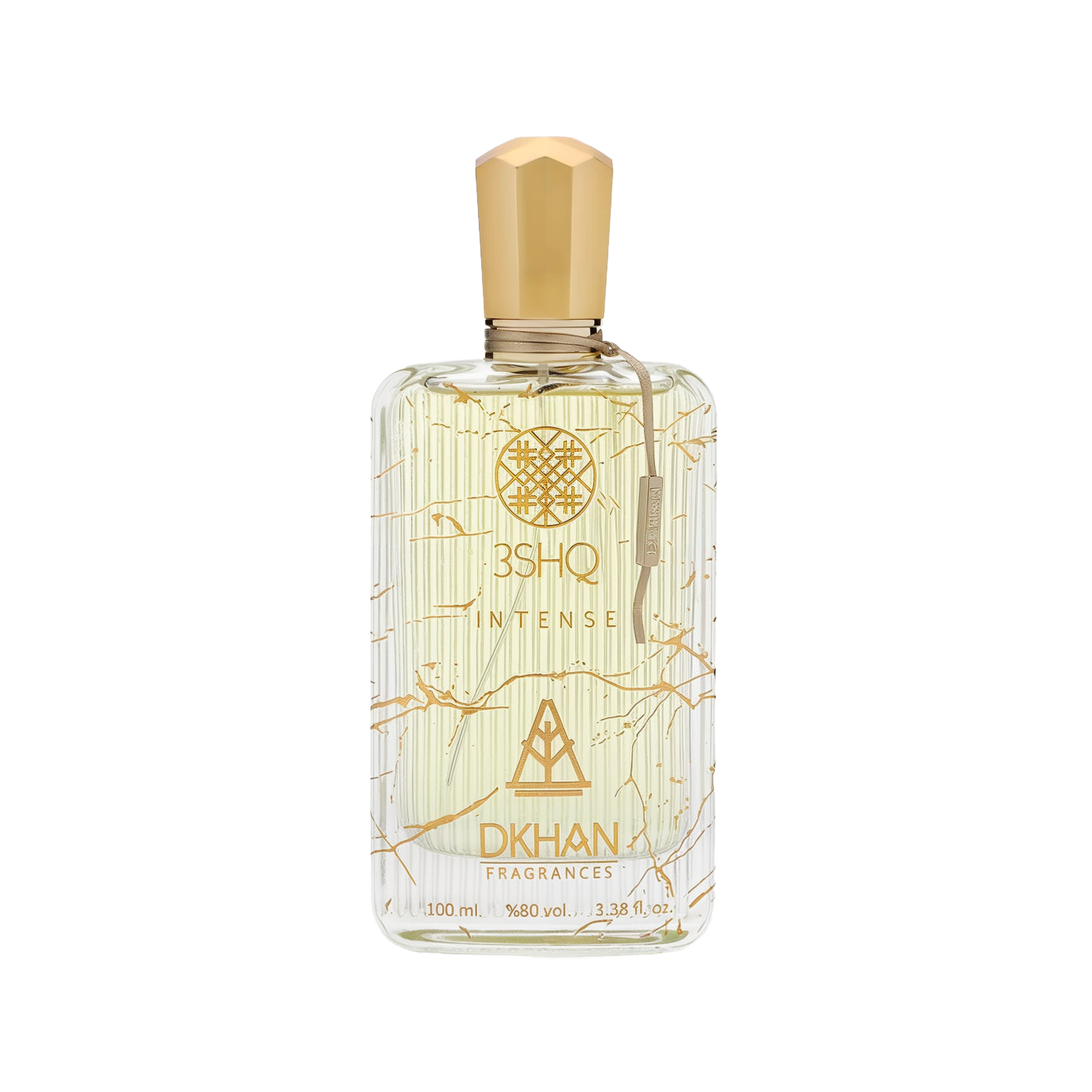 The image displays an elegant, clear glass perfume bottle adorned with artistic golden lines and splashes against a soft, off-white backdrop. The bottle is labeled "3SHQ INTENSE" in a refined font, with the "DKHAN FRAGRANCES" emblem prominently featured beneath it. A gold-colored cap sits atop the bottle, complementing the golden accents. The fragrance liquid has a light, amber tint, suggesting a sense of warmth and richness.