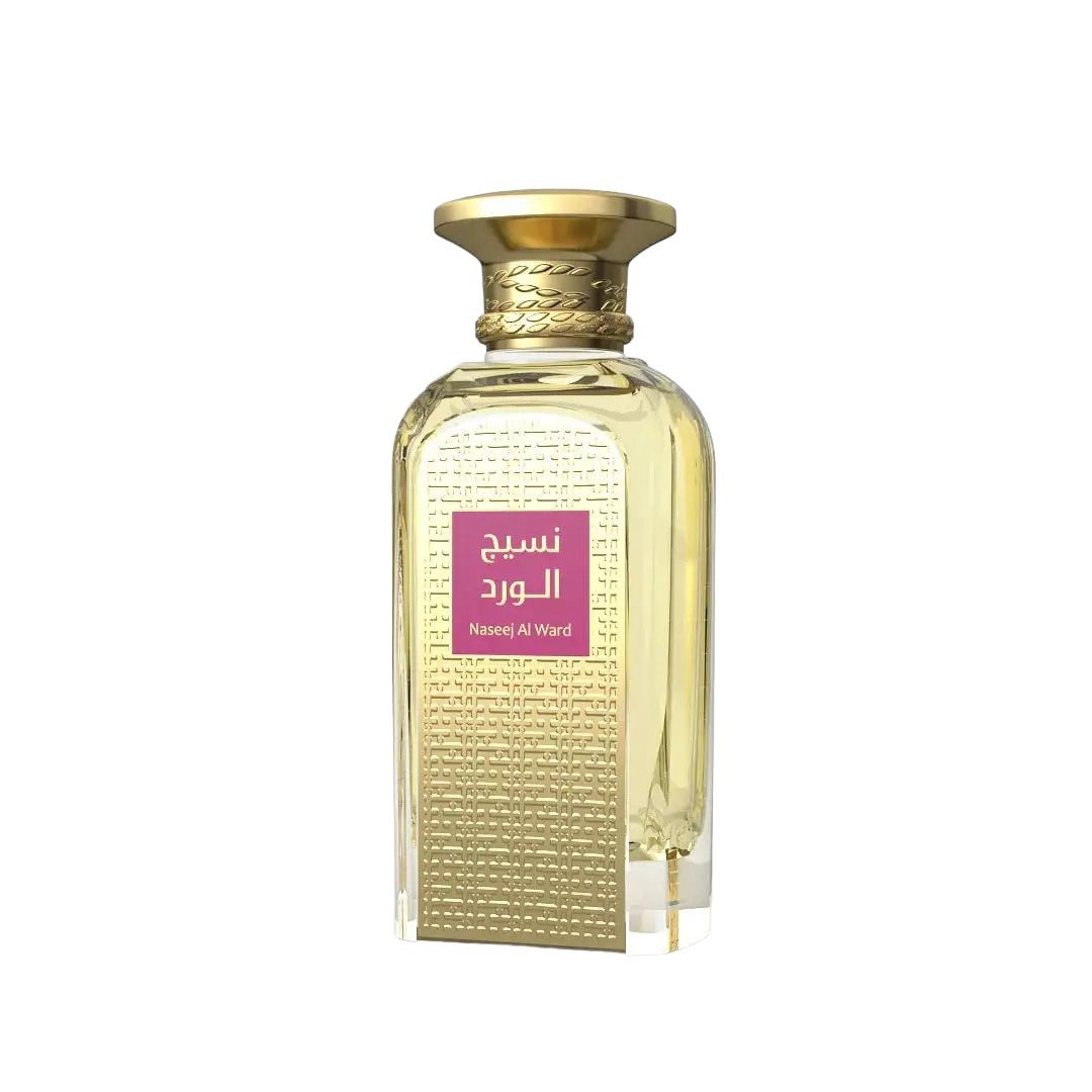 The image displays a perfume bottle with a gold-colored cap and textured design. The bottle features intricate geometric patterns etched into the glass, creating a luxurious aesthetic. A magenta label with Arabic script and the English transliteration "Naseej Al Ward" is centered on the bottle, indicating the fragrance name or brand. The overall design suggests an elegant and possibly high-end perfume product.