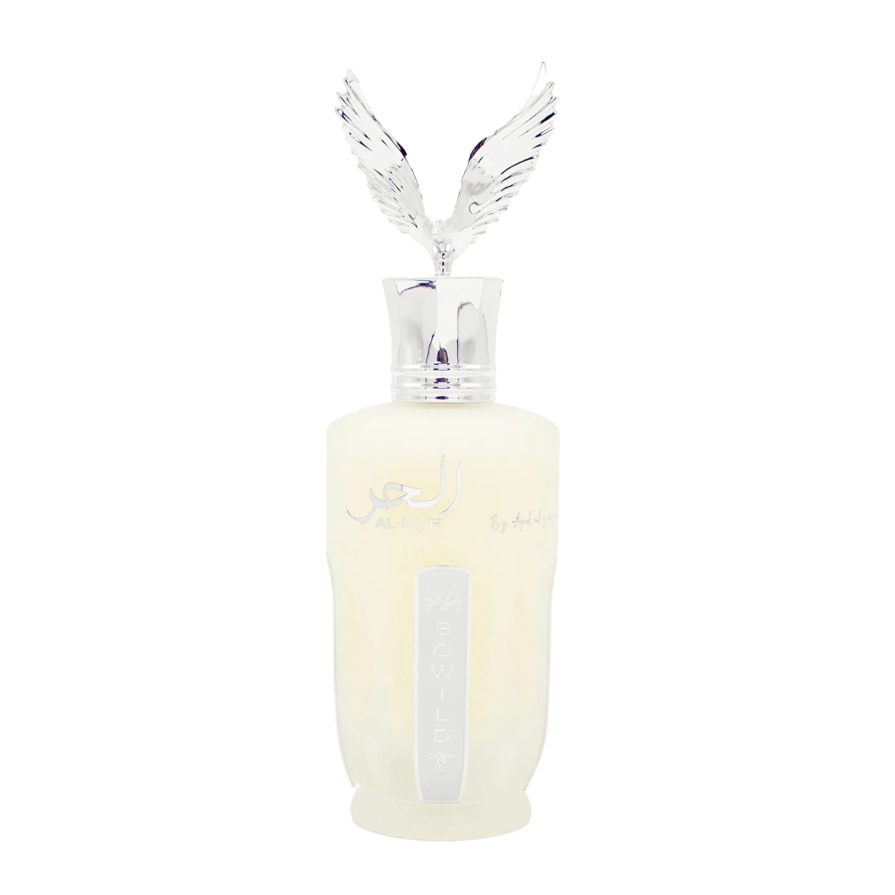 The image shows a perfume bottle with a frosted glass finish and a clear glass cap adorned with a pair of detailed, transparent glass wings. The bottle features elegant script in dark ink, possibly Arabic, with the word "AL HUR" visible, suggesting the name of the fragrance or brand. Below the script, there is a vertical, rectangular label with the word "SOWILD" in a simple, modern font. The background of the image is completely white, emphasizing the purity and simplicity of the bottle's design.