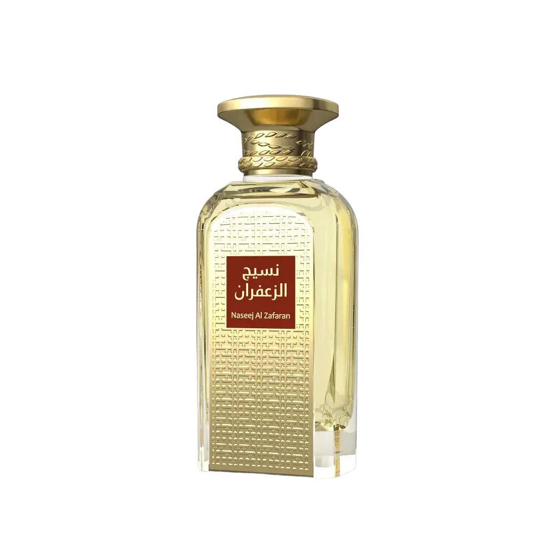 The image shows a rectangular glass perfume bottle with a textured, patterned surface and a gold-toned cap. The pattern consists of small, square indentations covering the bottle's surface, giving it a distinctive texture. A label with Arabic script in the center reads "نسيج الزعفران" (Naseej Al Zafran), with the English transliteration below it, suggesting the name of the perfume or the brand.