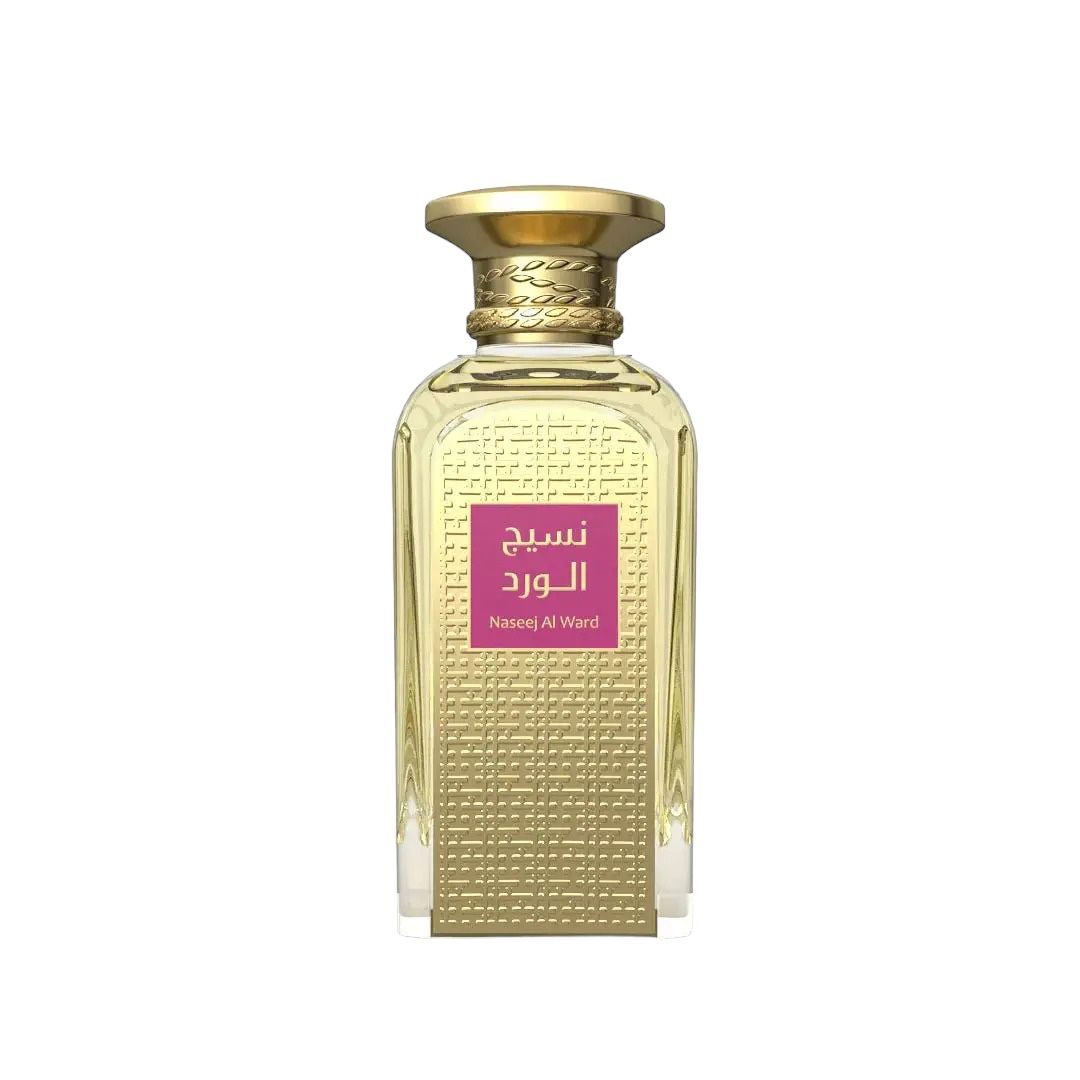 The image shows a rectangular glass perfume bottle with a gold-colored cap. The body of the bottle is adorned with a dense pattern of embossed or etched geometric lines, giving it a textured appearance. A prominent label with Arabic script is placed in the center of the bottle, featuring a magenta background which stands out against the golden tones of the bottle's design. The label text "Naseej Al Ward" is also visible in Latin script, suggesting the name of the perfume or the brand. 