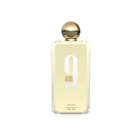 The image depicts a minimalist-designed perfume bottle with a golden cap. The bottle is transparent, revealing a pale yellow liquid inside, suggesting the perfume color. On the bottle's front, in large, white, modern font is "9 am," with the lowercase "am" nestled within the number 9. Below this, in smaller uppercase letters, reads "AFNAN."  The bottle is centered against a white background, which emphasizes the simplicity and elegance of the design.