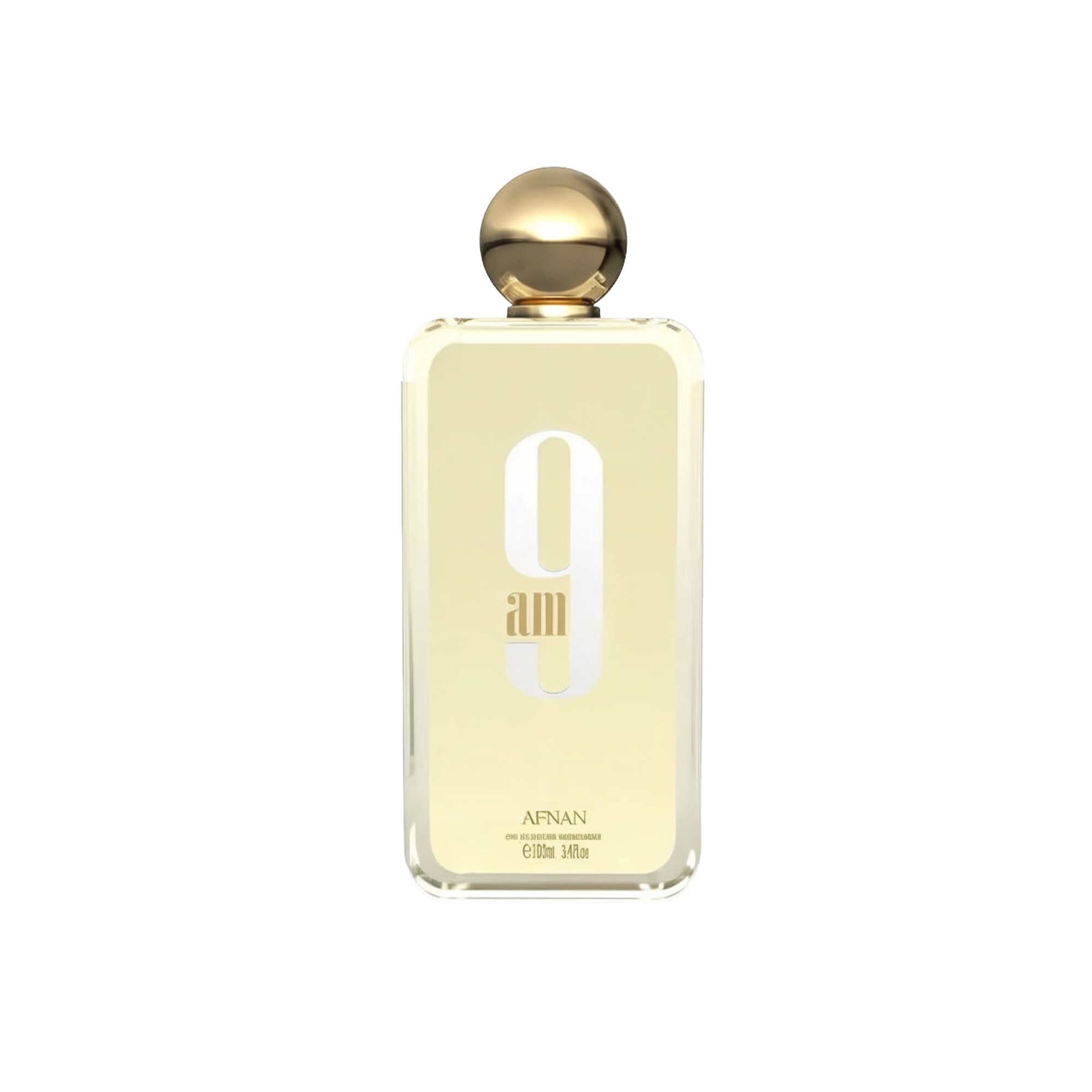 The image depicts a minimalist-designed perfume bottle with a golden cap. The bottle is transparent, revealing a pale yellow liquid inside, suggesting the perfume color. On the bottle's front, in large, white, modern font is "9 am," with the lowercase "am" nestled within the number 9. Below this, in smaller uppercase letters, reads "AFNAN."  The bottle is centered against a white background, which emphasizes the simplicity and elegance of the design.