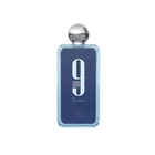 The image shows a rectangular glass perfume bottle with rounded edges. The bottle has a transparent blue tint with a large white number "9" and the text "am" below it in a lighter shade of blue. Beneath this, the word "Dine" is written in a cursive, handwritten style. The cap of the bottle is a polished silver sphere. The brand "AFNAN" is written in small letters at the bottom of the bottle.