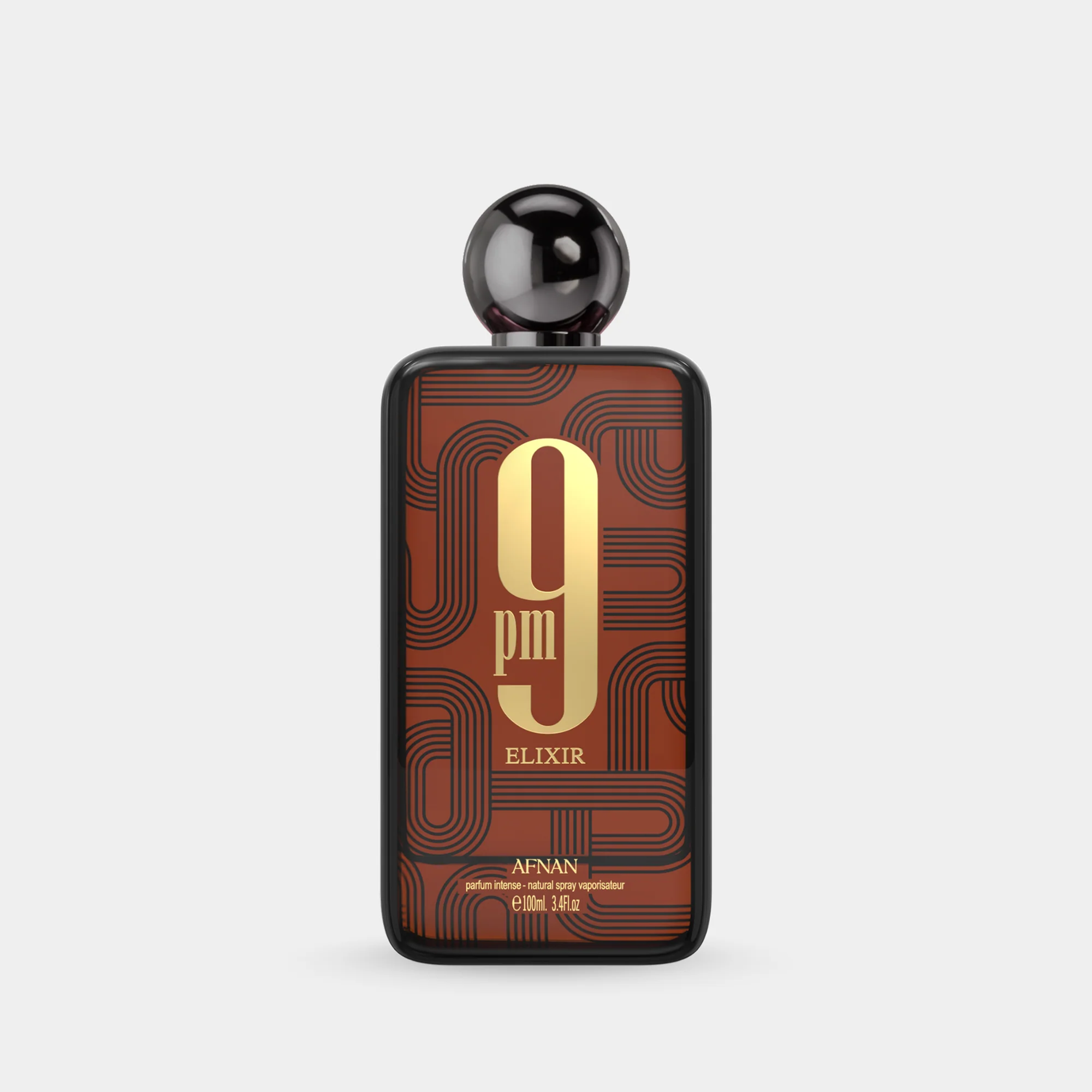 Brown rectangular perfume bottle with black cap and gold 9PM Elixir Afnan branding on front.