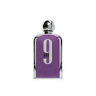 The image is of a rectangular perfume bottle with a silver spherical cap. The bottle has a deep purple label with a large white number "9" printed in the center. Below the number, the text "pour homme" in lowercase white font indicates that the fragrance is for men. The brand "AFNAN" is also printed at the bottom of the label in a smaller white font. The bottle appears to be made of clear glass with a reflective silver neck, highlighting the simplicity and elegance of the design.