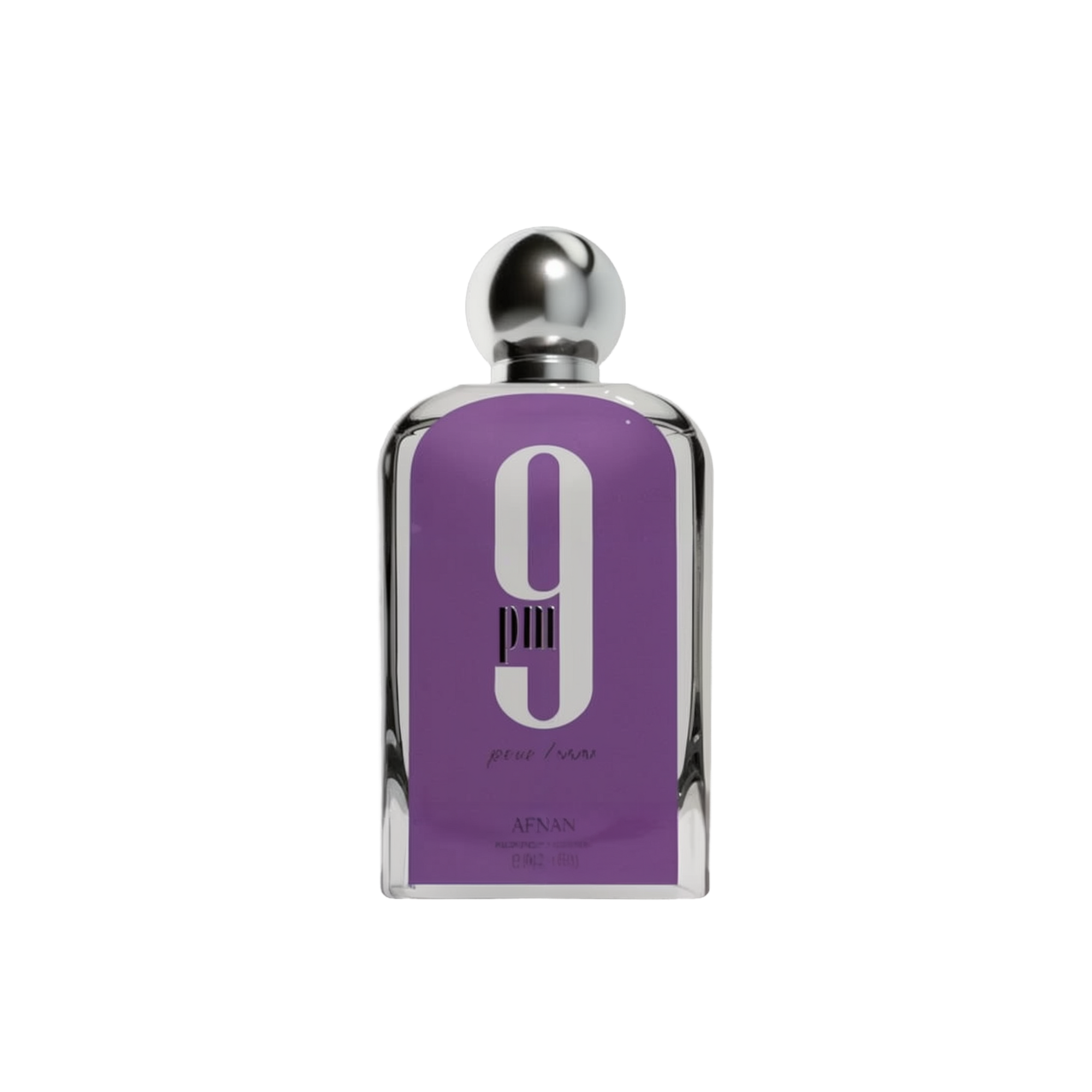 The image is of a rectangular perfume bottle with a silver spherical cap. The bottle has a deep purple label with a large white number "9" printed in the center. Below the number, the text "pour homme" in lowercase white font indicates that the fragrance is for men. The brand "AFNAN" is also printed at the bottom of the label in a smaller white font. The bottle appears to be made of clear glass with a reflective silver neck, highlighting the simplicity and elegance of the design.