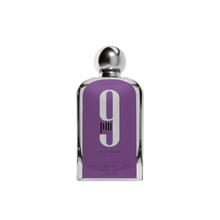The image is of a rectangular perfume bottle with a silver spherical cap. The bottle has a deep purple label with a large white number "9" printed in the center. Below the number, the text "pour homme" in lowercase white font indicates that the fragrance is for men. The brand "AFNAN" is also printed at the bottom of the label in a smaller white font. The bottle appears to be made of clear glass with a reflective silver neck, highlighting the simplicity and elegance of the design.