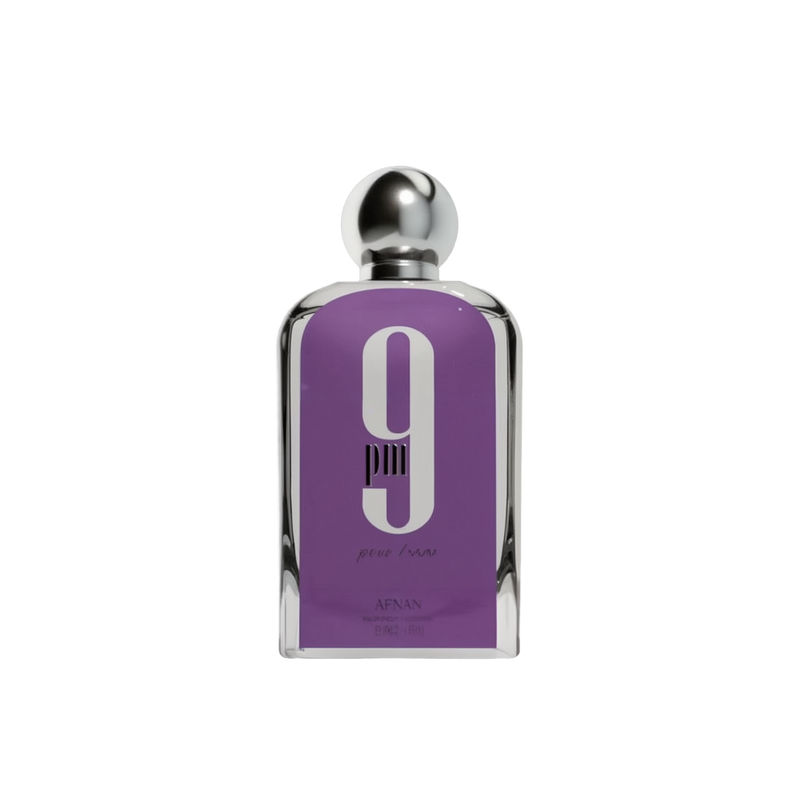 The image is of a rectangular perfume bottle with a silver spherical cap. The bottle has a deep purple label with a large white number "9" printed in the center. Below the number, the text "pour homme" in lowercase white font indicates that the fragrance is for men. The brand "AFNAN" is also printed at the bottom of the label in a smaller white font. The bottle appears to be made of clear glass with a reflective silver neck, highlighting the simplicity and elegance of the design.