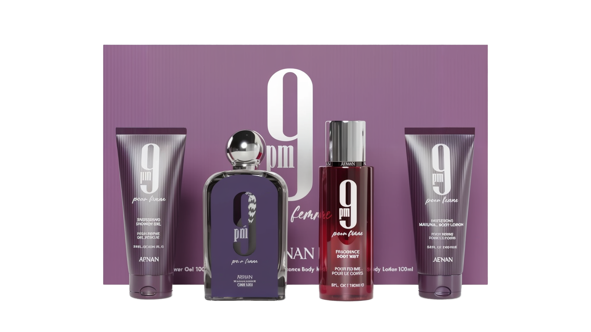The "9 PM Pour Femme" fragrance gift set by Afnan Perfumes presented against a purple and silver striped background. The set includes an energizing shower gel (100 ml) on the left, a central purple perfume bottle with a silver cap, a fragrance body mist (