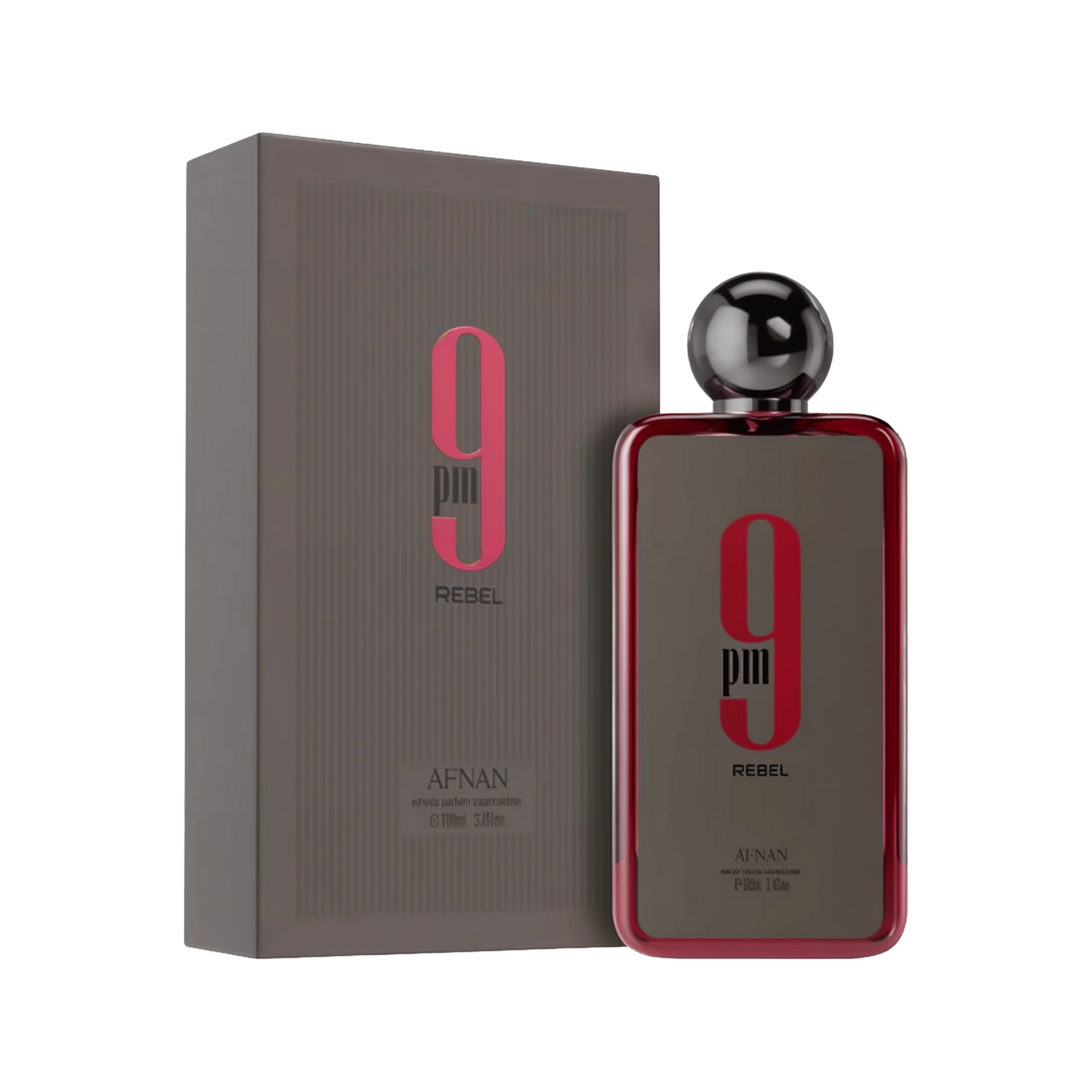 A rectangular fragrance bottle from Afnan labeled “9 pm Rebel,” featuring a metallic spherical cap and a glossy red border around a dark gray front, positioned beside a matching gray box emblazoned with pink and black branding.