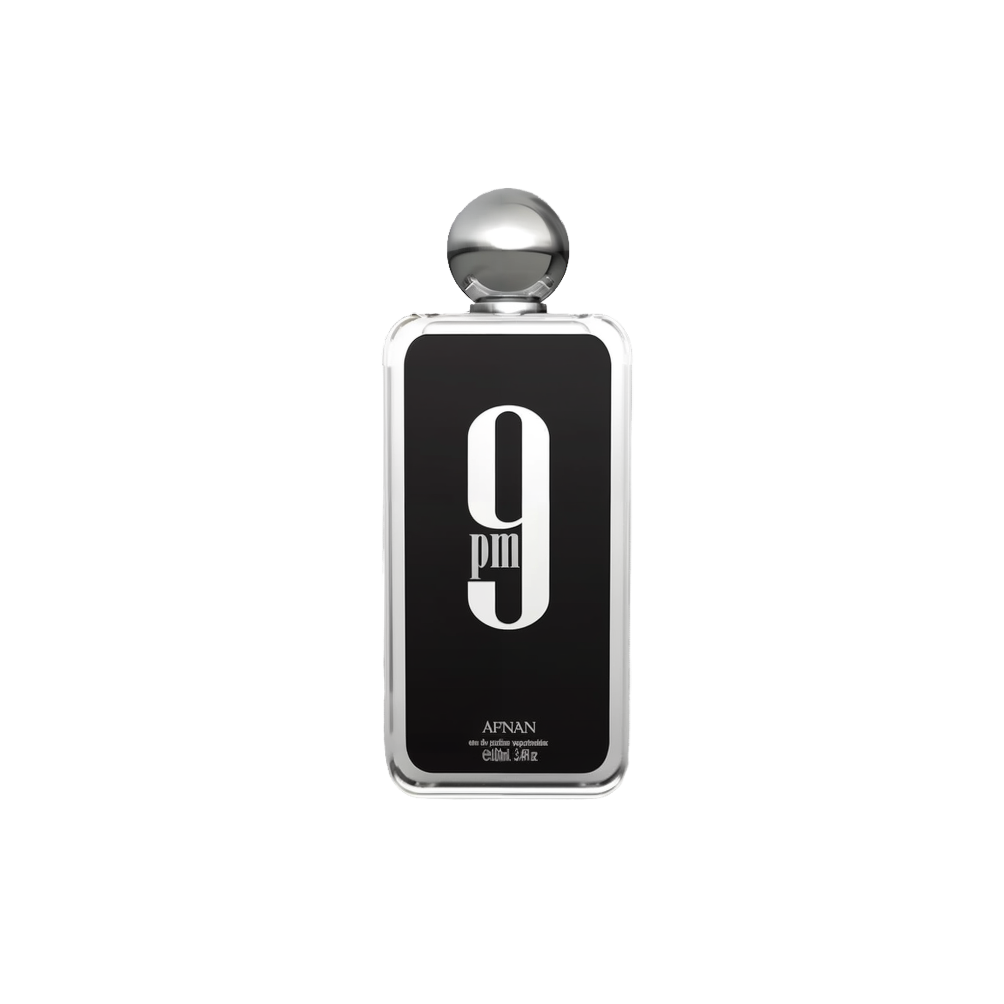 Black bottle of Afnan 9PM Eau De Parfum with bold white text and silver round cap.