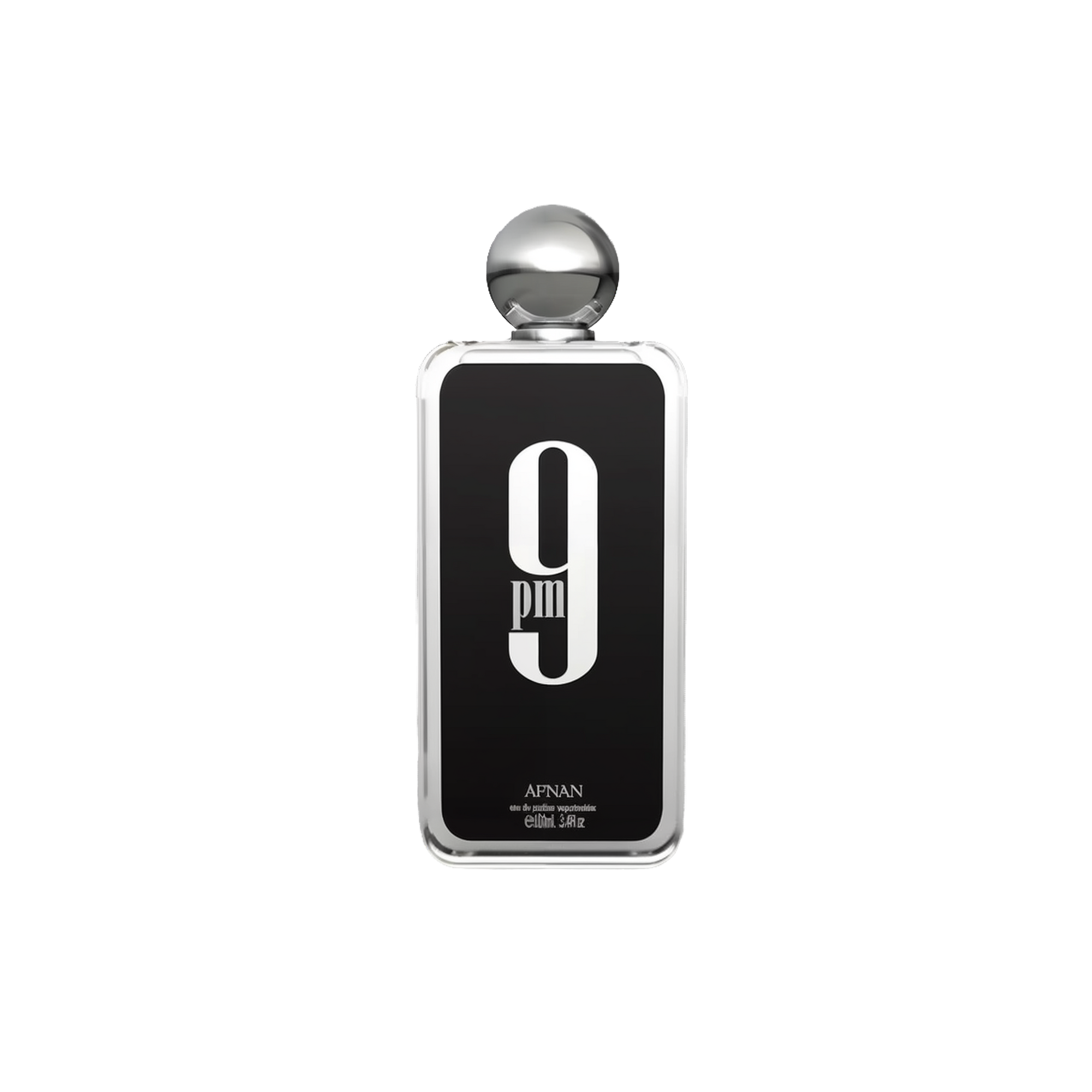 Black bottle of Afnan 9PM Eau De Parfum with bold white text and silver round cap.
