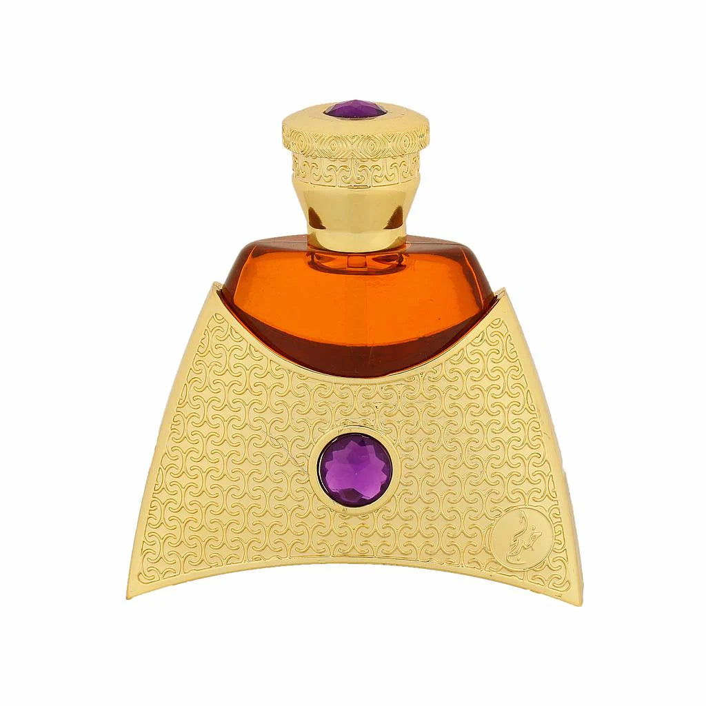 The images show a product called "Aaliya" by Khadlaj, which is a concentrated perfume oil. The perfume comes in a distinctively shaped bottle with an amber-colored liquid. The bottle has an ornate gold cap and a gold base with intricate patterns and a prominent purple gem in the center.