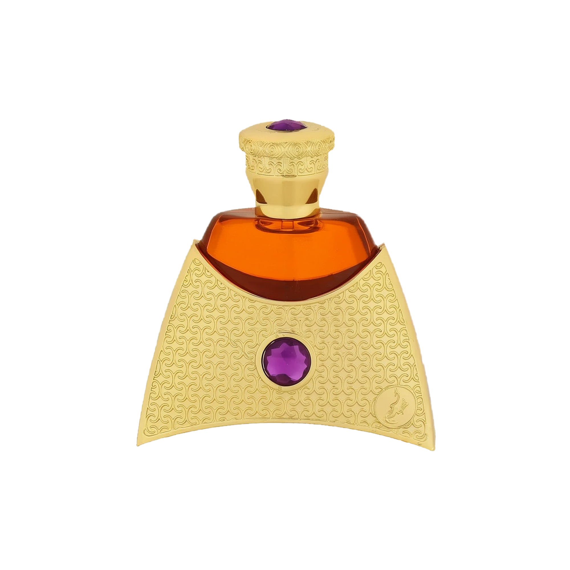 Luxurious gold bottle of Khadlaj Aaliya perfume with intricate patterns and purple gem accents.