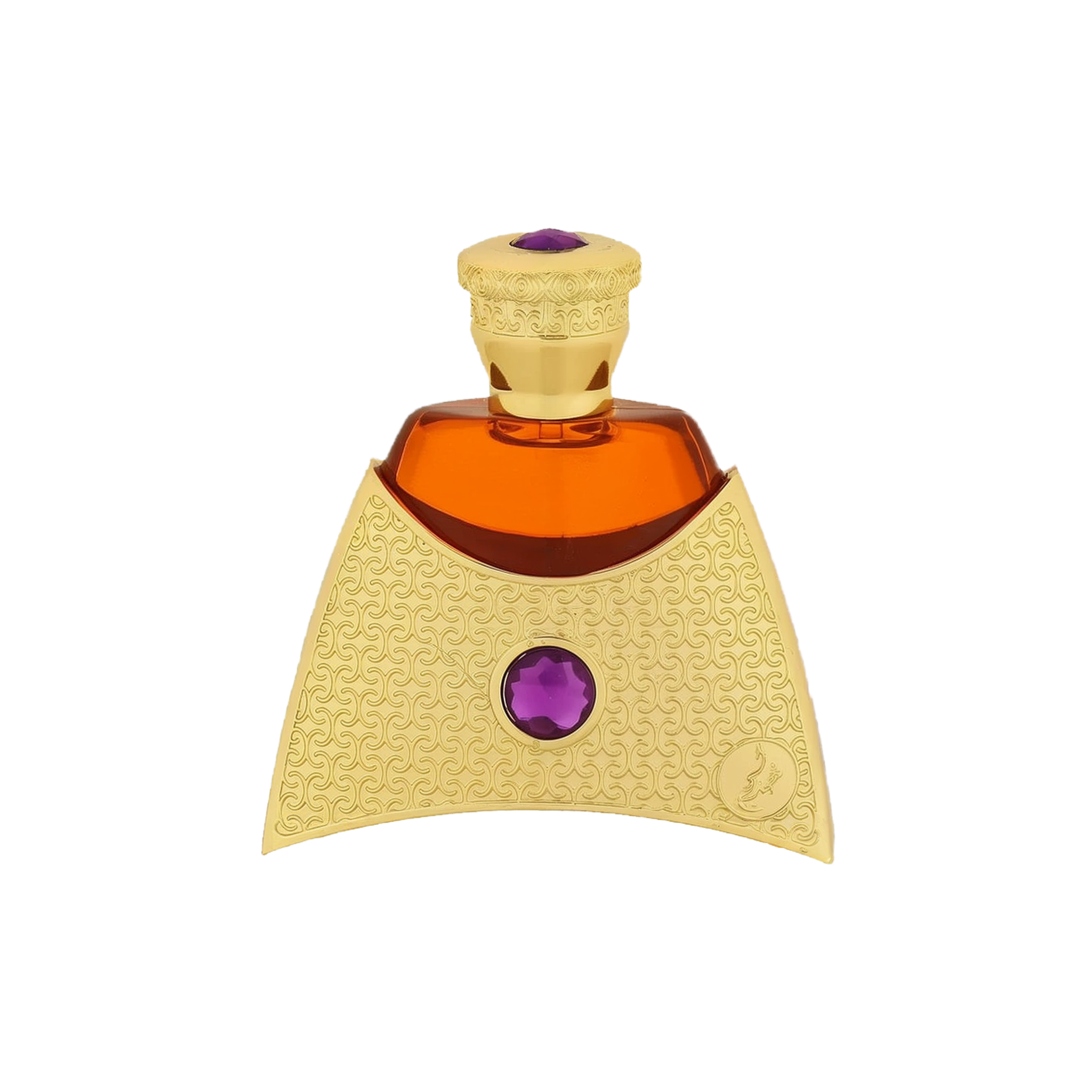 Luxurious gold bottle of Khadlaj Aaliya perfume with intricate patterns and purple gem accents.