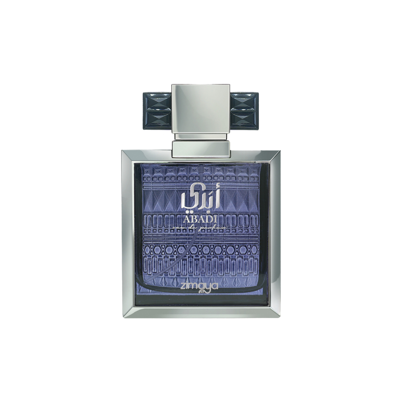 Zimaya Abadi Opulent Blue perfume in decorative silver and blue patterned bottle with square cap.