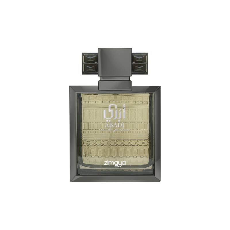 Zimaya Abadi Saga Black perfume bottle, with geometric patterned glass design and dark rectangular cap.