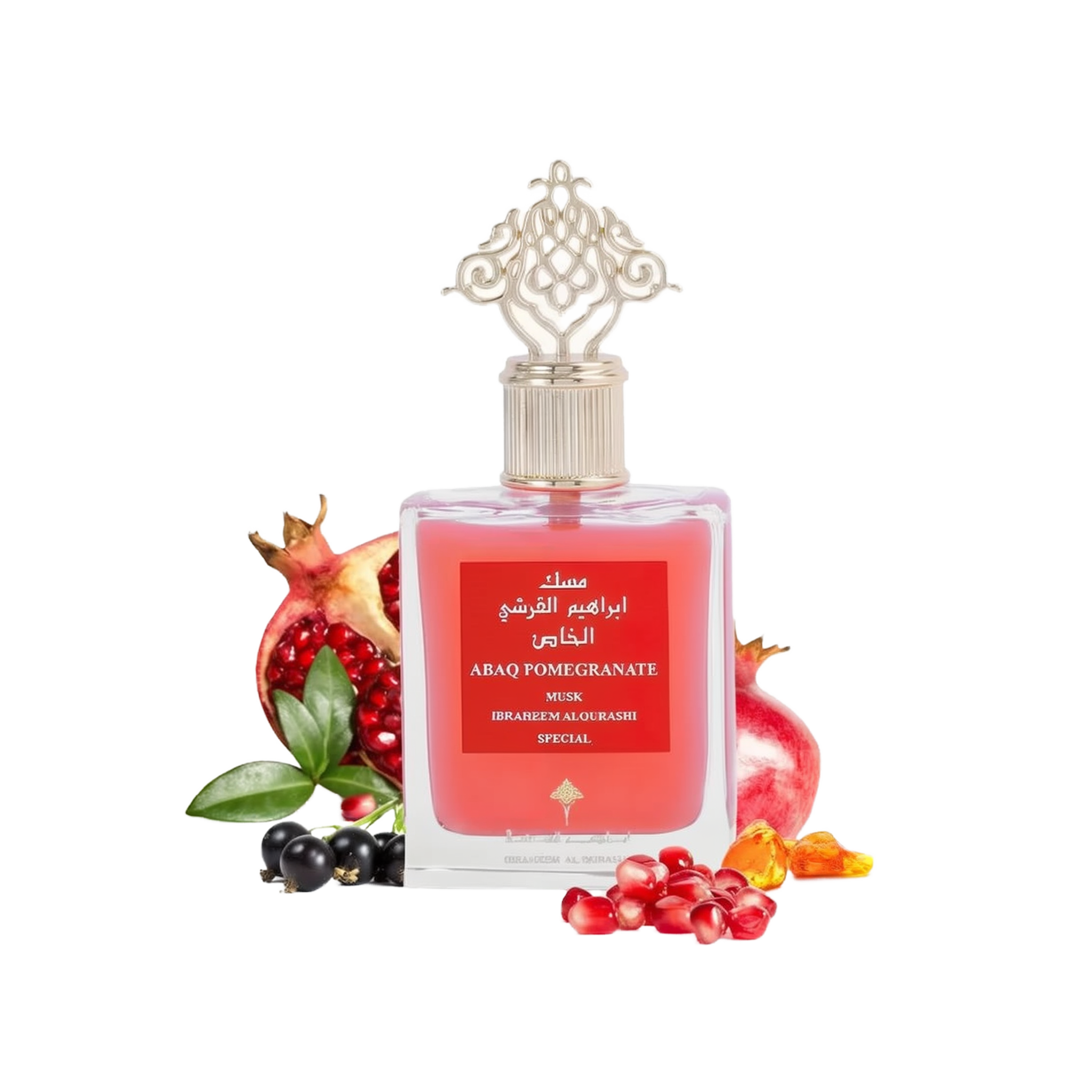 The image shows a product, which is a bottle of perfume named "ABAQ POMEGRANATE MUSK" by Ibraheem Al Qurashi. The perfume bottle has a clear, ornate design with a gold-colored cap featuring intricate patterns. The liquid inside the bottle is a rich red color, and the label is red with white and gold text. Surrounding the bottle are several pomegranates and loose pomegranate seeds, as well as a few black currants, which are likely meant to suggest the fragrance notes of the perfume. 