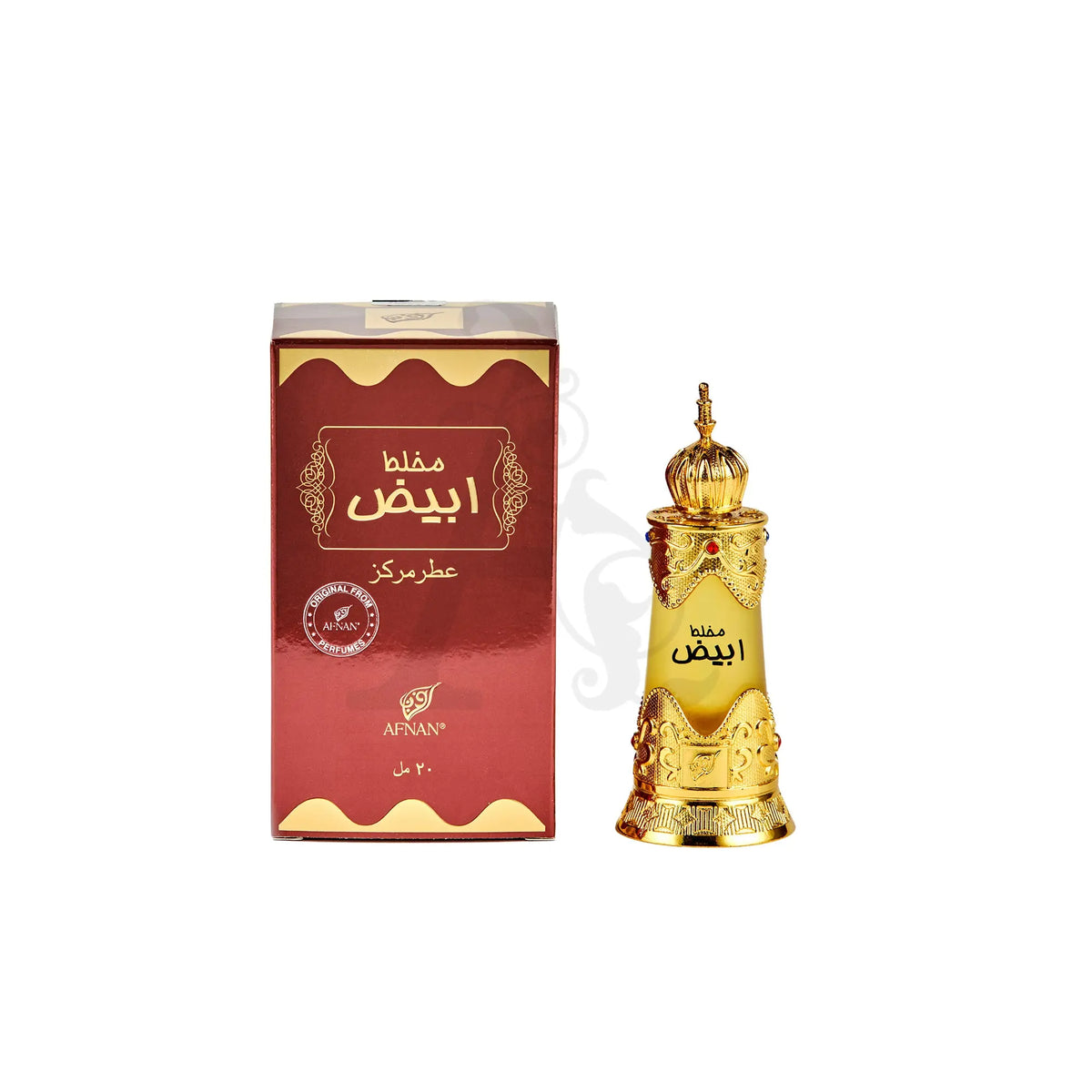 The image displays a perfume bottle and its packaging from Afnan Perfumes. The bottle is ornate with a traditional Middle Eastern design, featuring a golden color with intricate patterns and topped with a decorative dome-like cap. It is labeled "Mukhallat Abiyad" in both Arabic and English script. The box has a rich maroon color with golden accents and similar Arabic calligraphy, indicating the fragrance name and brand. The packaging suggests a luxurious scent with a classic appeal.