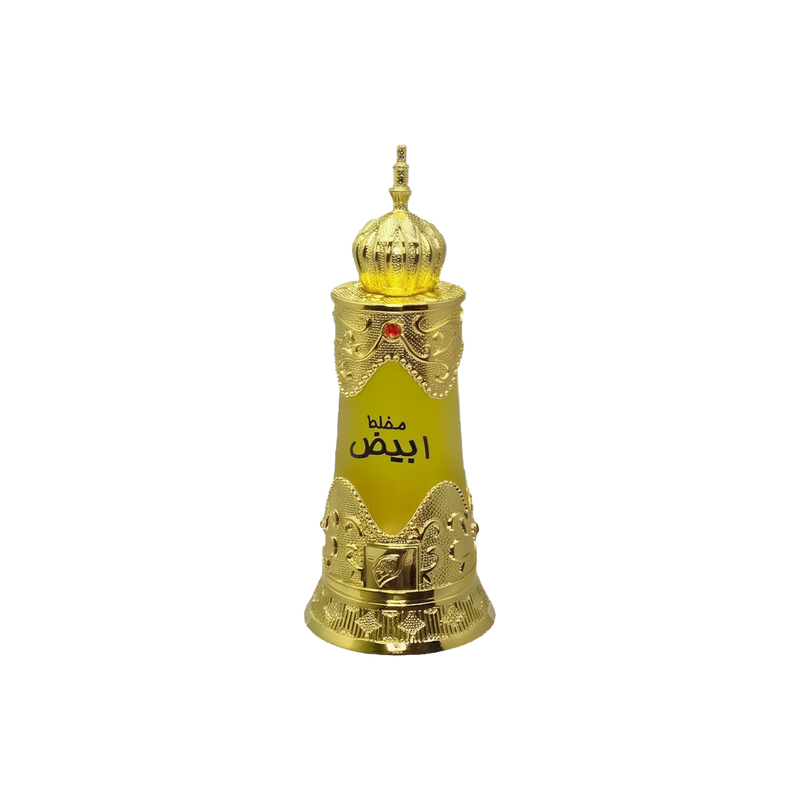 Gold bottle of Afnan Abiyad Mukhallat perfume with Arabic script and decorative dome-shaped cap.