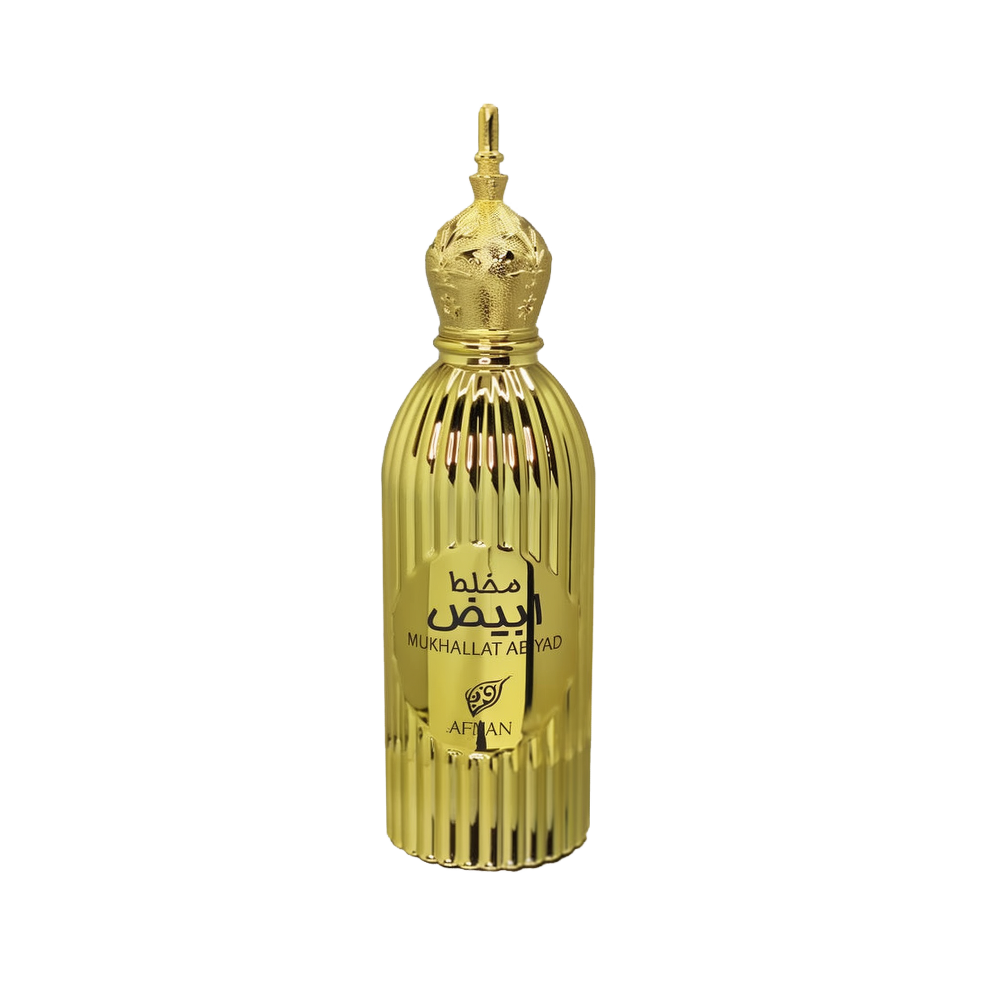 A luxurious, ornate gold perfume bottle labeled "Mukhallat Abiyad" by Afnan.