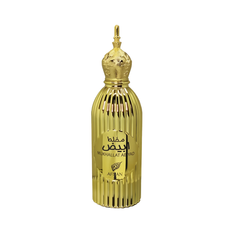 A luxurious, ornate gold perfume bottle labeled "Mukhallat Abiyad" by Afnan.