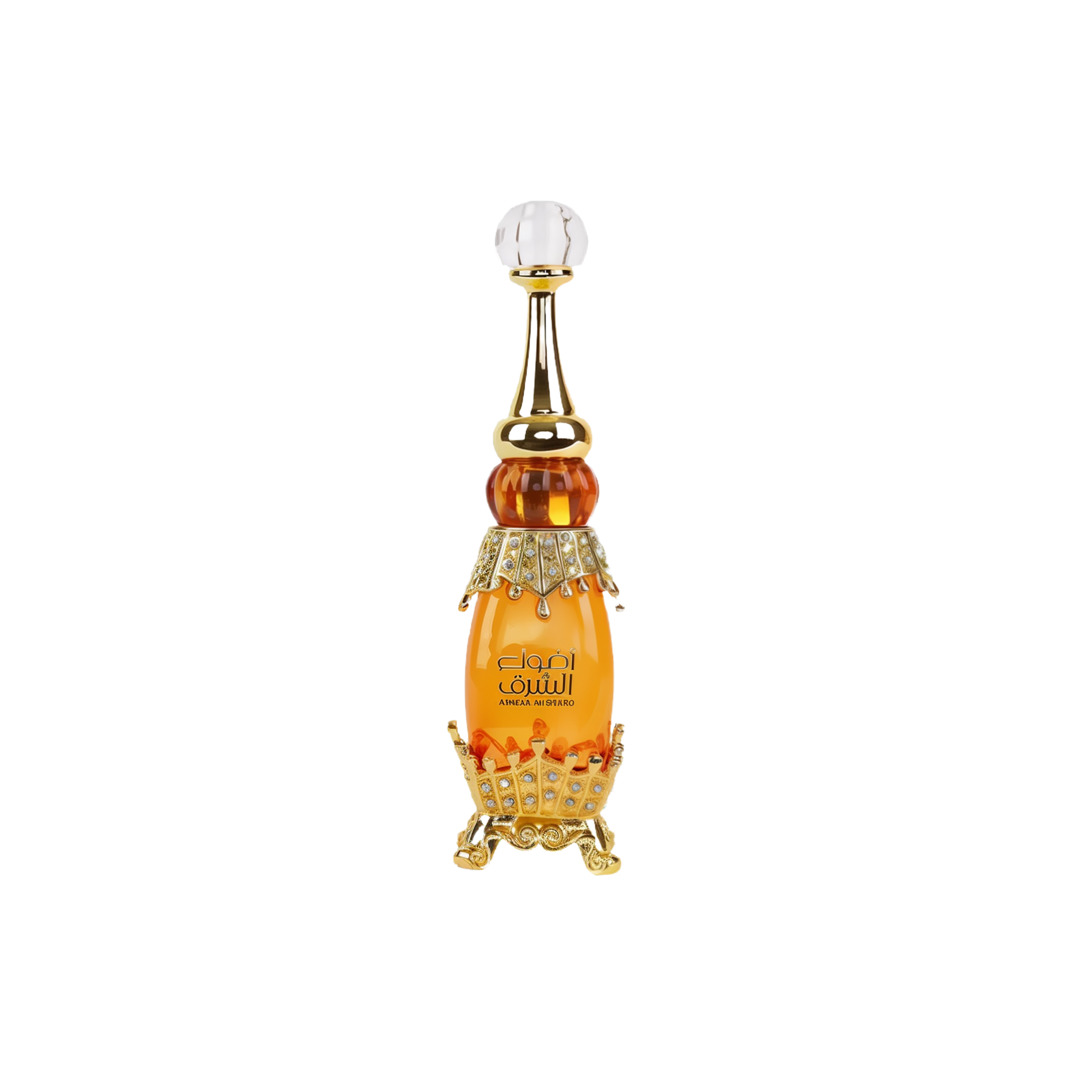 Elegant bottle of Adwaa Al Sharq with jewel-studded gold base and crystal-clear pointed stopper.