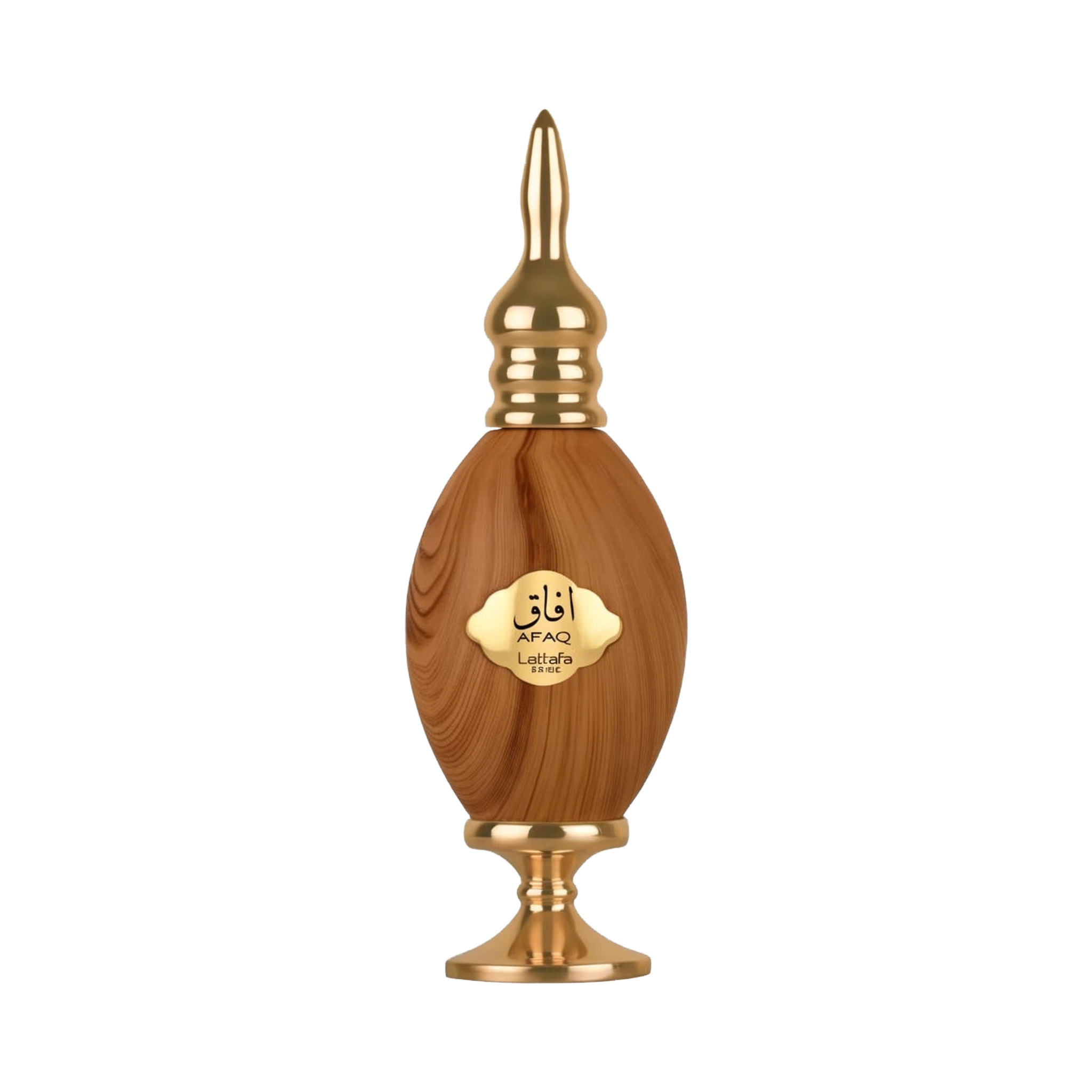 This is an image of a bottle of AFAQ Latifa perfume. The bottle is designed with an appearance resembling wood grain, featuring golden accents on the neck, base, and the label in the center. The label has the brand name "AFAQ" written in a stylized font a