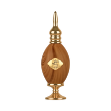 This is an image of a bottle of AFAQ Latifa perfume. The bottle is designed with an appearance resembling wood grain, featuring golden accents on the neck, base, and the label in the center. The label has the brand name "AFAQ" written in a stylized font a