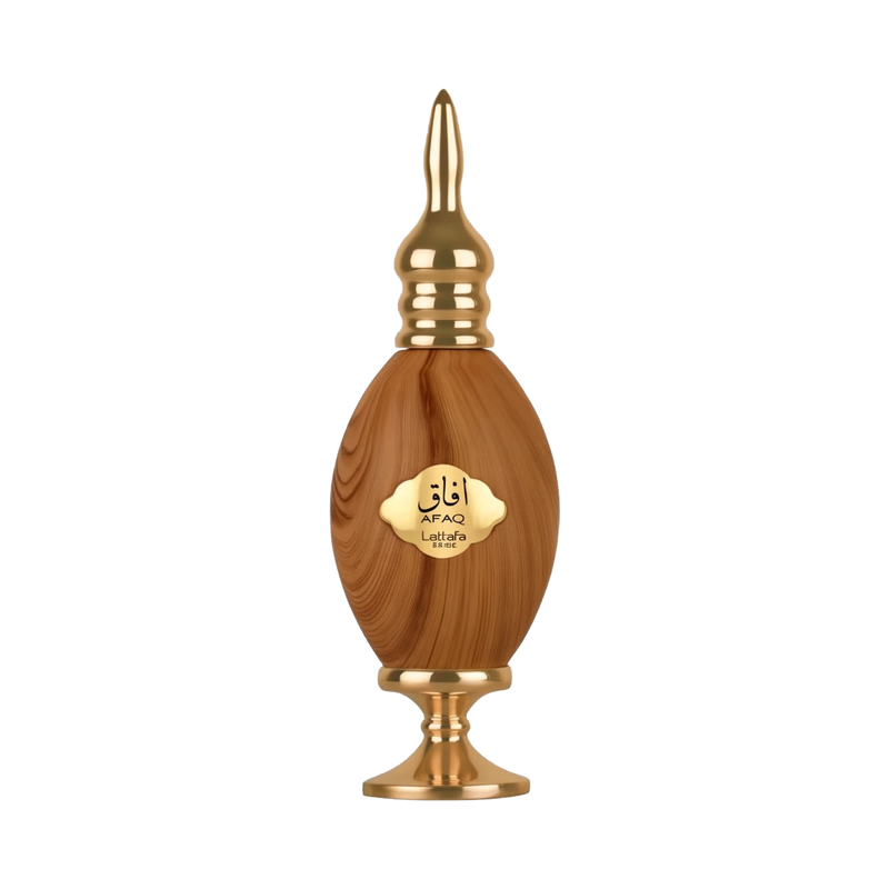 This is an image of a bottle of AFAQ Latifa perfume. The bottle is designed with an appearance resembling wood grain, featuring golden accents on the neck, base, and the label in the center. The label has the brand name "AFAQ" written in a stylized font a