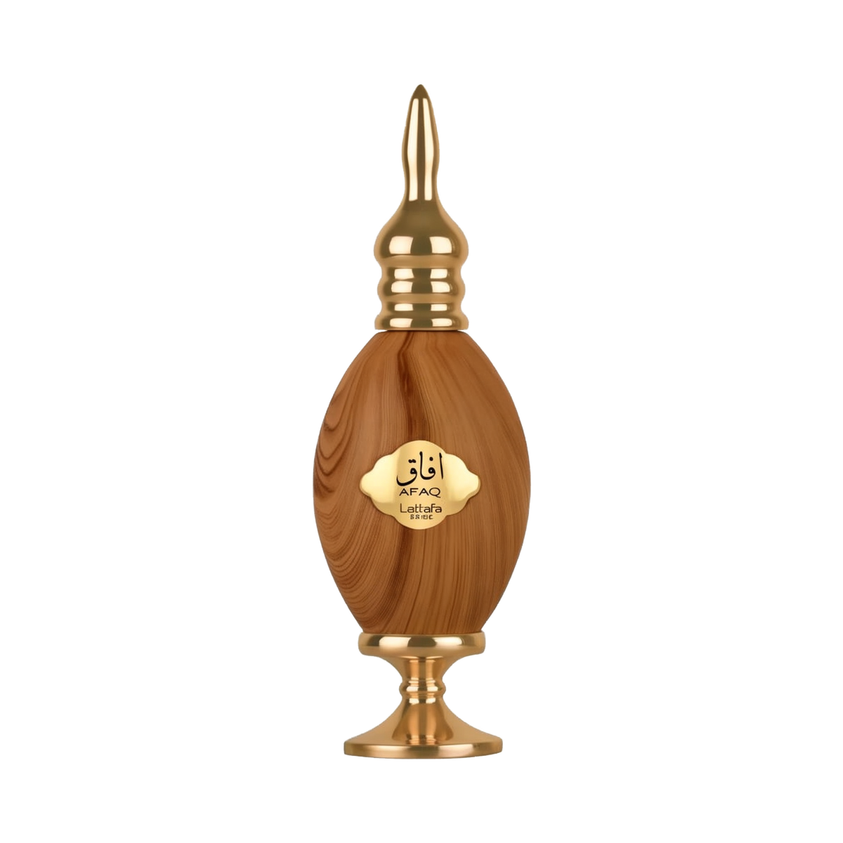 This is an image of a bottle of AFAQ Latifa perfume. The bottle is designed with an appearance resembling wood grain, featuring golden accents on the neck, base, and the label in the center. The label has the brand name "AFAQ" written in a stylized font a