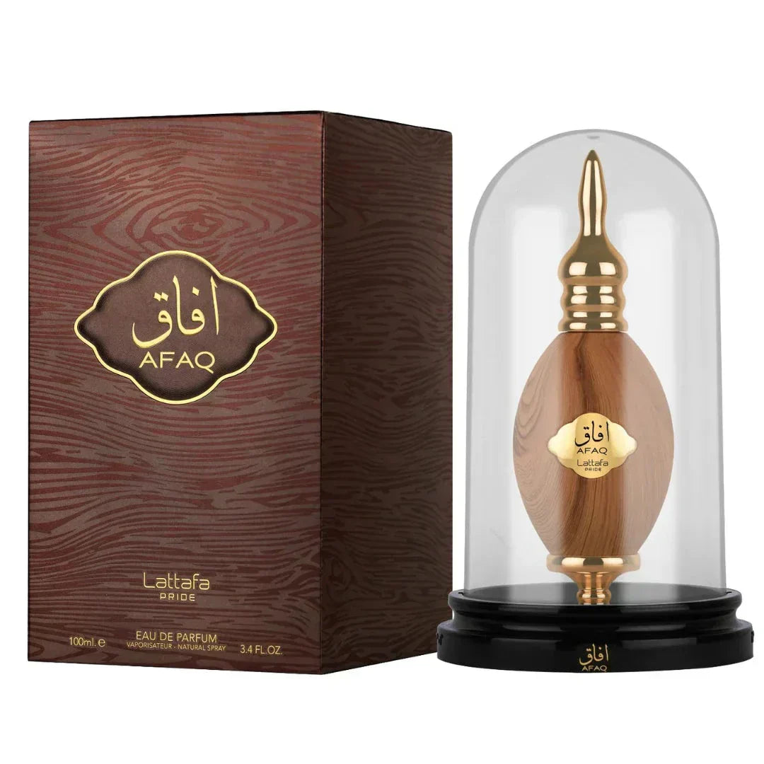 The image features a perfume product display consisting of a bottle and its packaging. The bottle of AFAQ Latifa perfume, resembling wood grain with golden accents, is placed within a clear glass dome on a black pedestal. The pedestal has the brand name "