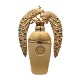 Image of the Afeef perfume by Lattafa Perfumes. The perfume bottle has a luxurious gold design with intricate ribbed detailing and an emblem on the front. The cap features two ornate gold peacocks with jeweled feathers in vibrant colors, adding a decorative and elegant touch to the presentation.