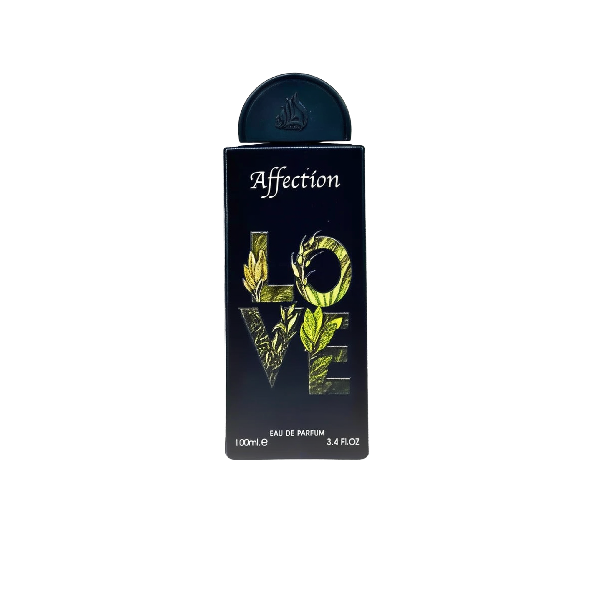 The image shows a perfume bottle named "Affection" by Lattafa. The bottle has a sleek, black design with the word "LOVE" vertically displayed in bold, leafy green letters that create a striking visual against the dark background. "Affection" is written at