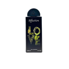 The image shows a perfume bottle named "Affection" by Lattafa. The bottle has a sleek, black design with the word "LOVE" vertically displayed in bold, leafy green letters that create a striking visual against the dark background. "Affection" is written at