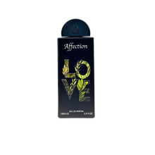 The image shows a perfume bottle named "Affection" by Lattafa. The bottle has a sleek, black design with the word "LOVE" vertically displayed in bold, leafy green letters that create a striking visual against the dark background. "Affection" is written at